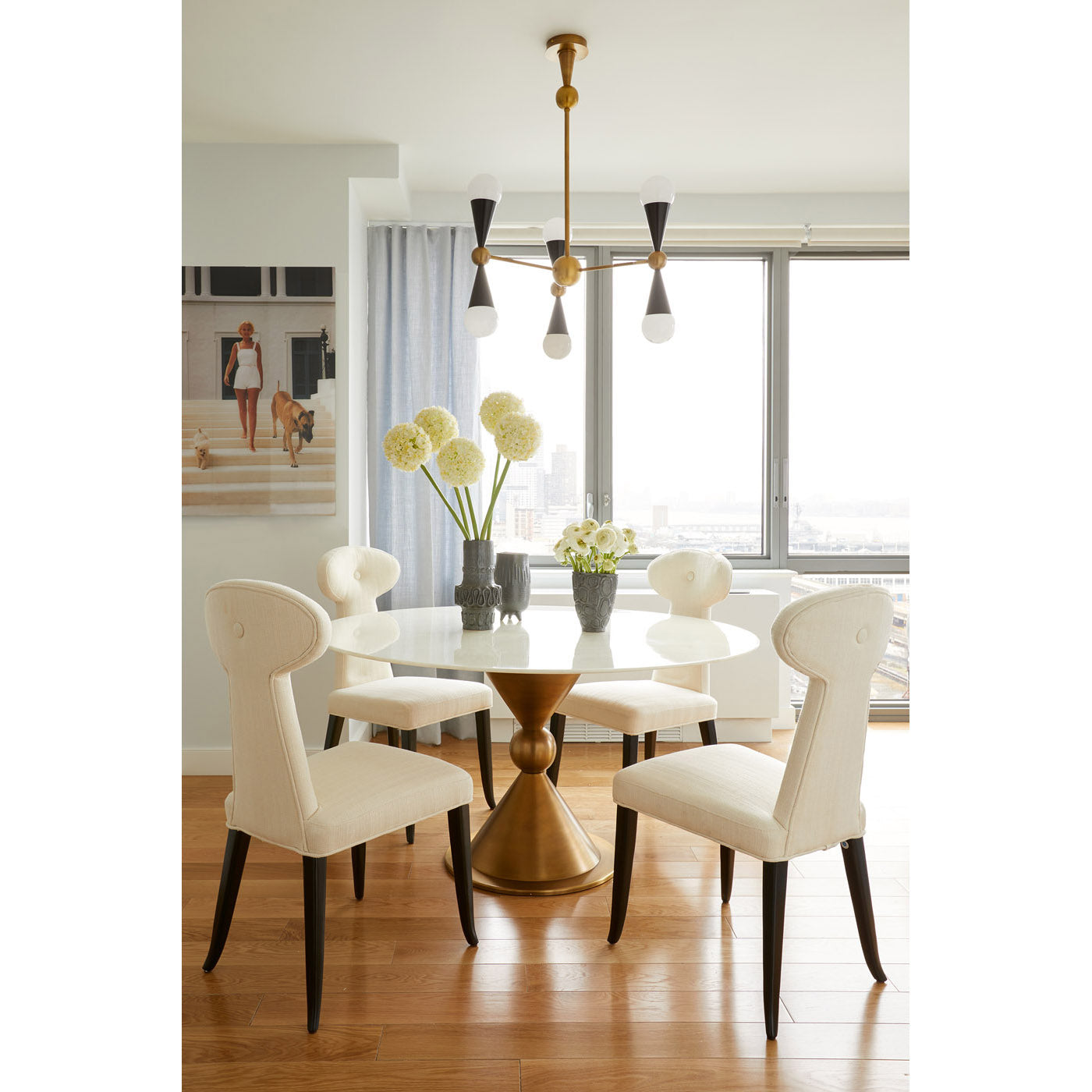 caracas six-light chandelier caracas dining table vera dining chairs - styled view