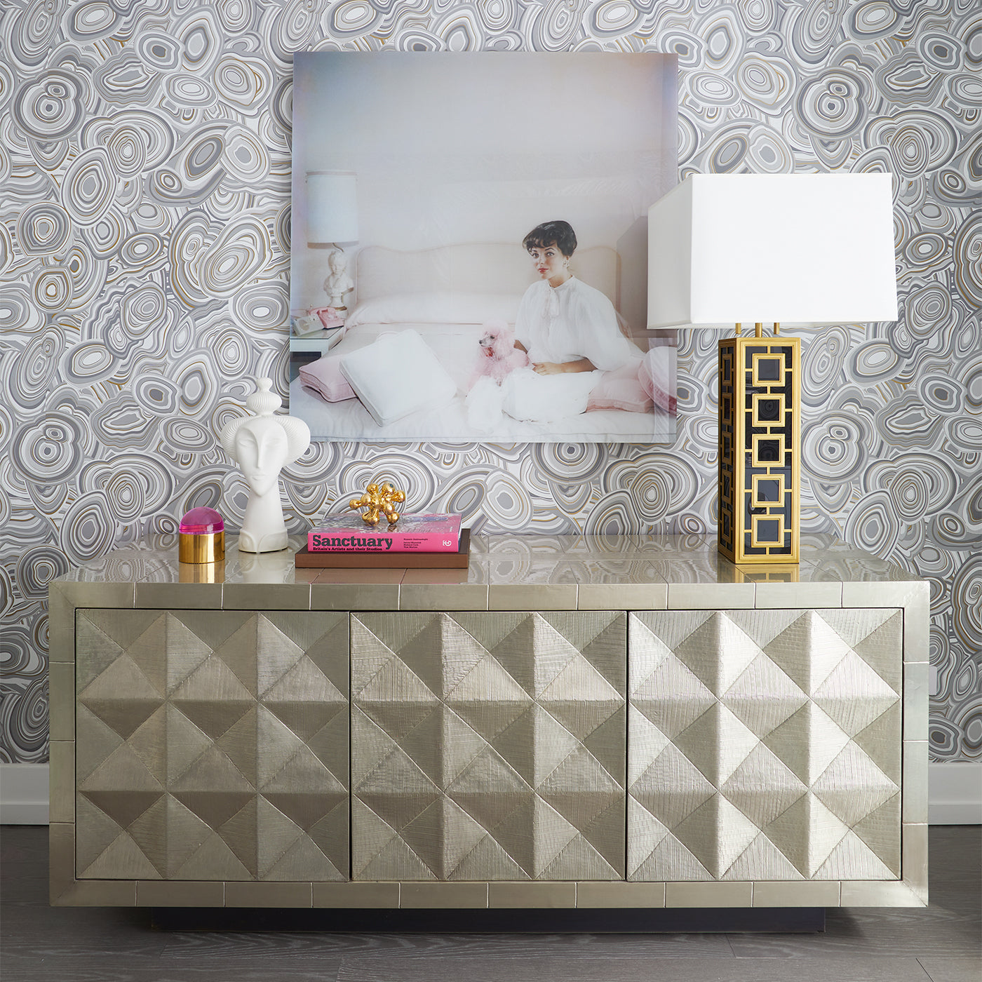 talitha credenza ether sofa jacques cocktail table living room - styled view
