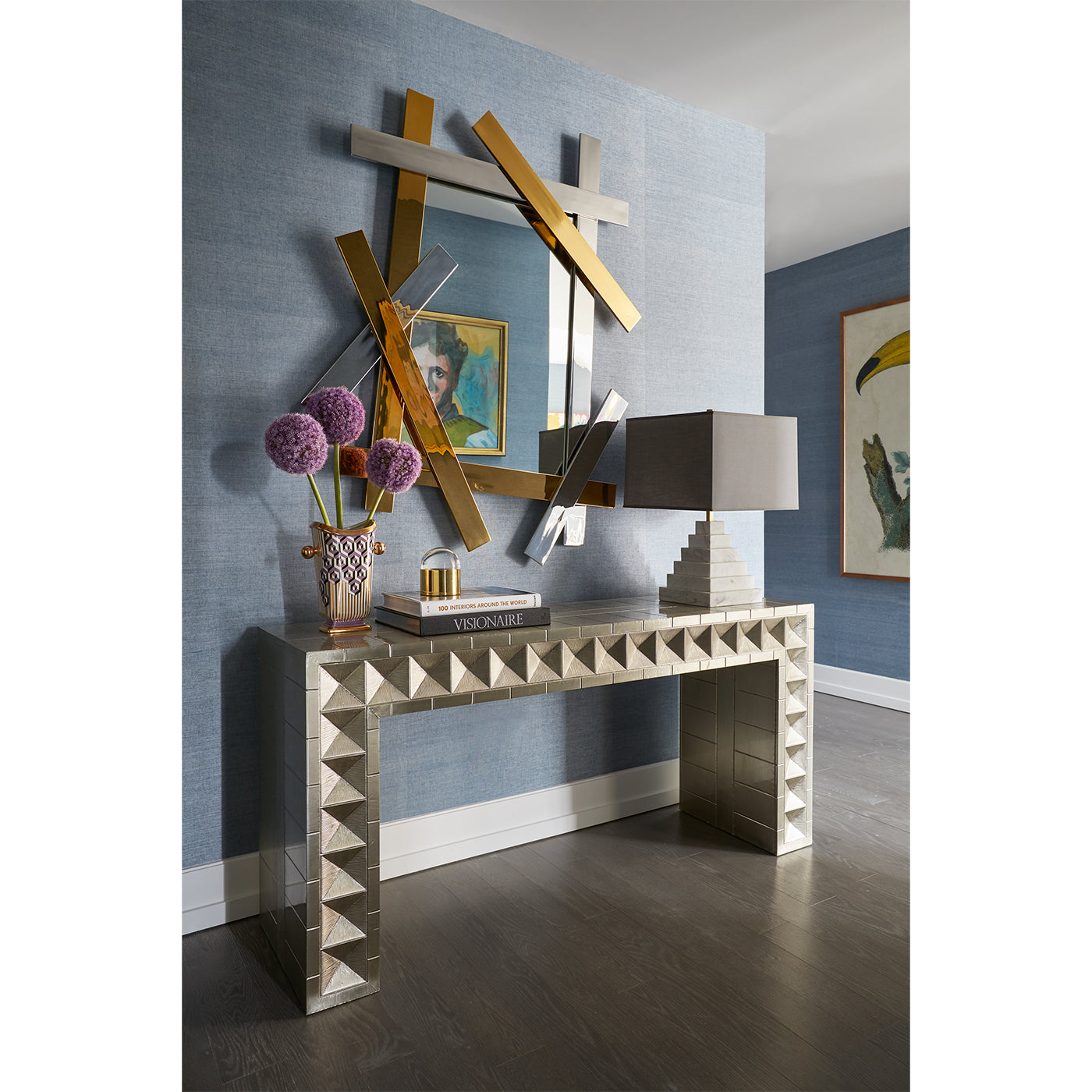 talitha waterfall console electrum mirror versailles hex vase vignette - styled view