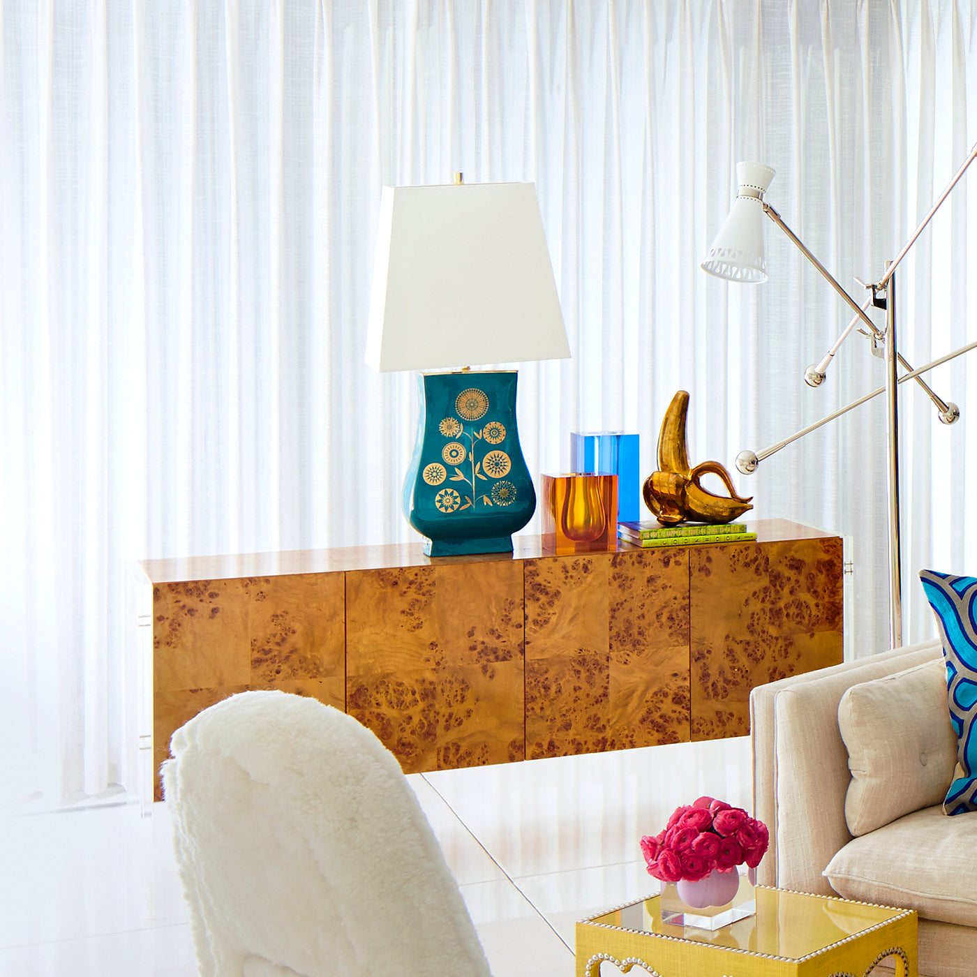 bond credenza brass banana sculpture living room - styled view