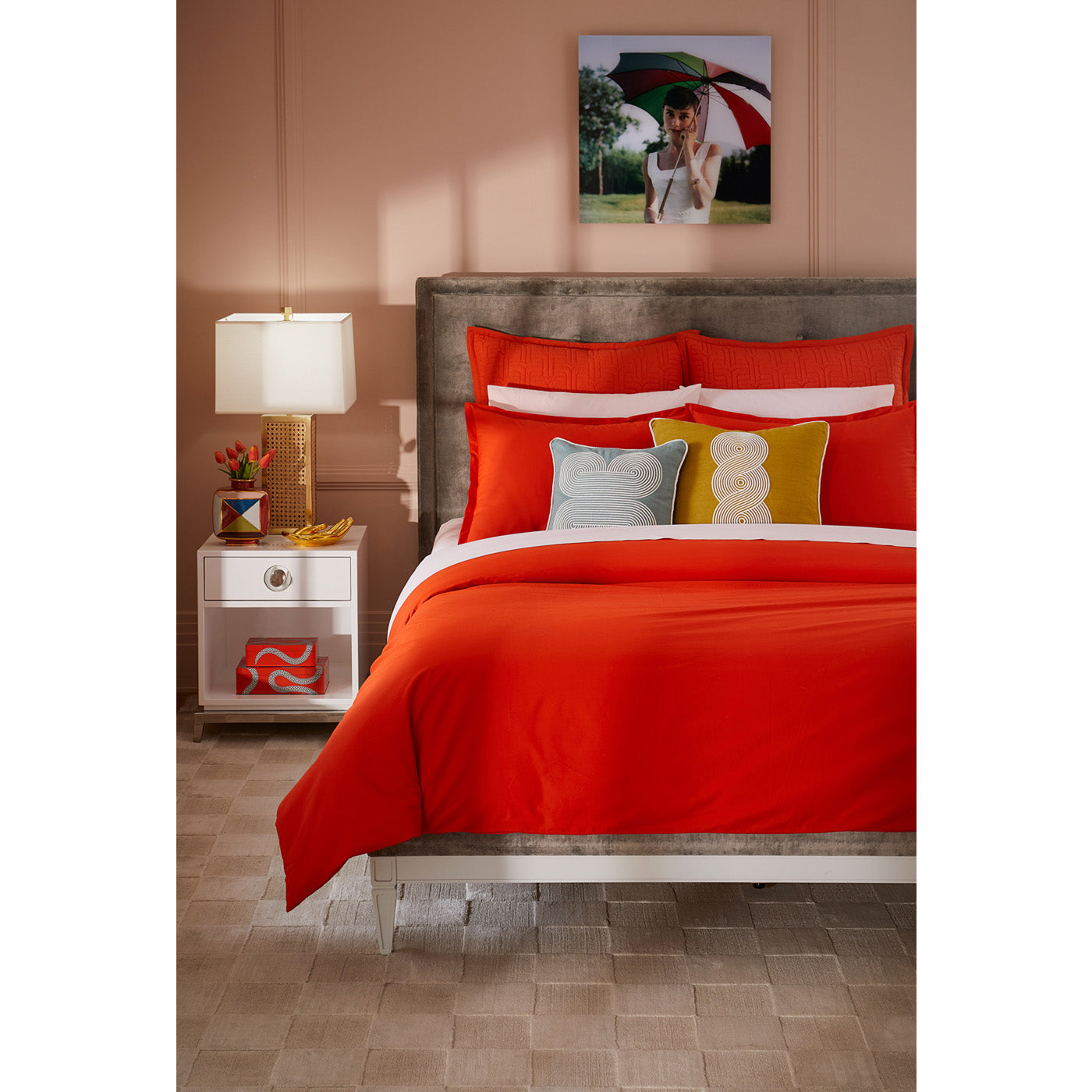 lampert queen bed orange persimmon sheets - styled view
