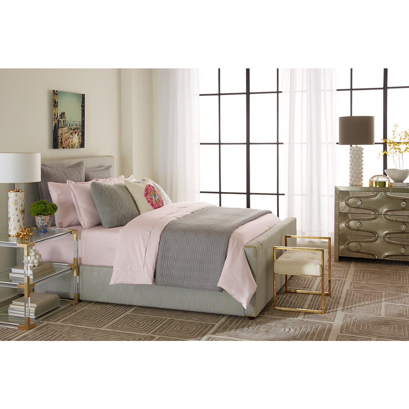 connery queen bed pink duvet set - styled view
