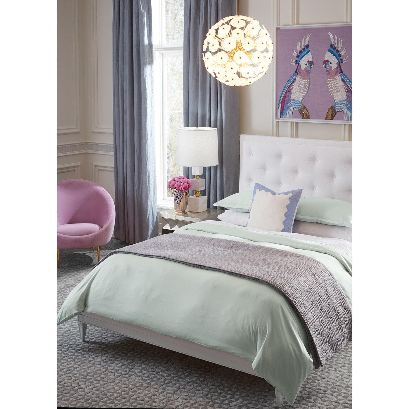 lampert queen bed daryl white green duvet set - styled view