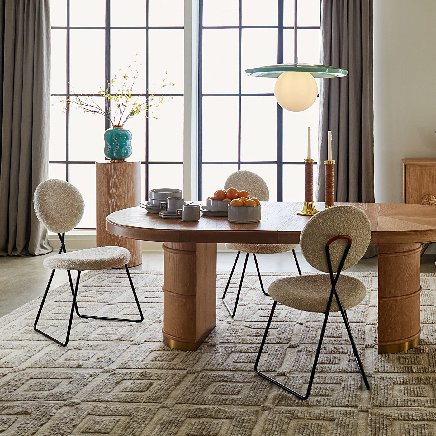 brussels dining table wood brass accents with double extension - front view