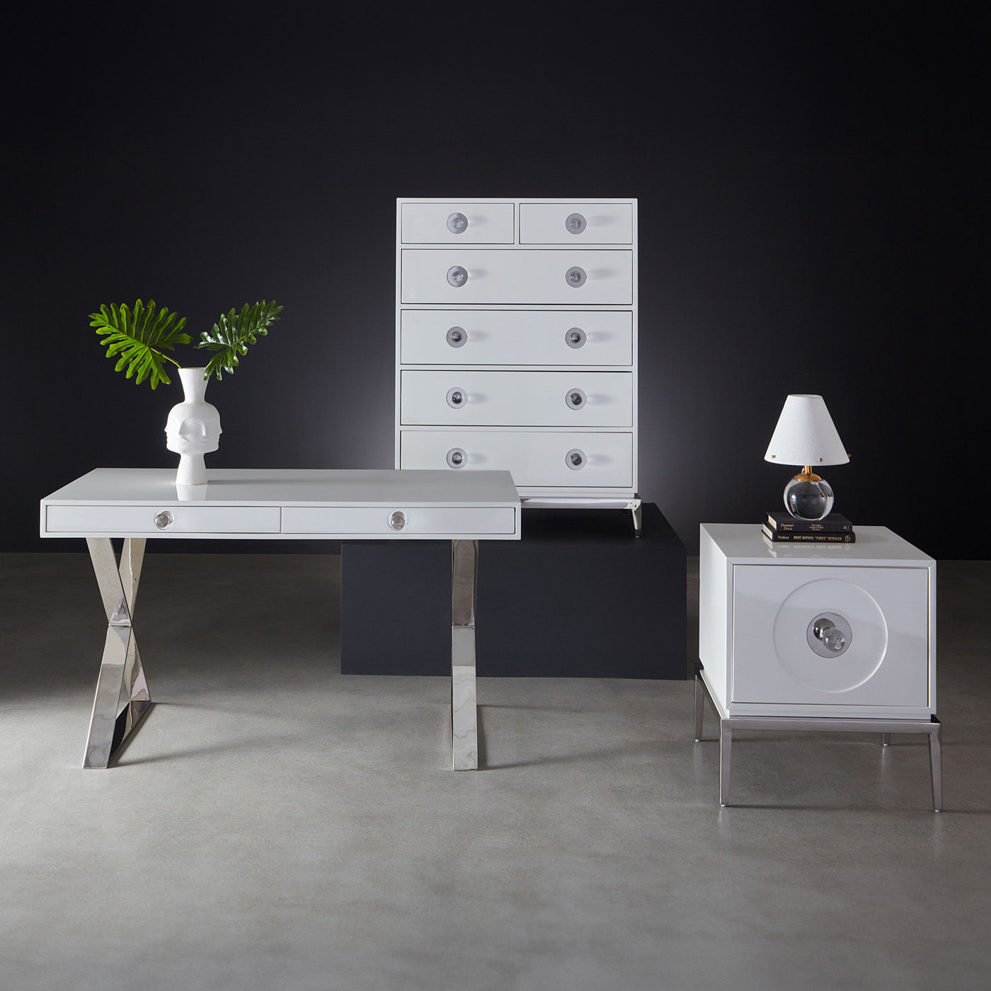 channing desk white lacquer nickel frame clear acrylic handles - front view