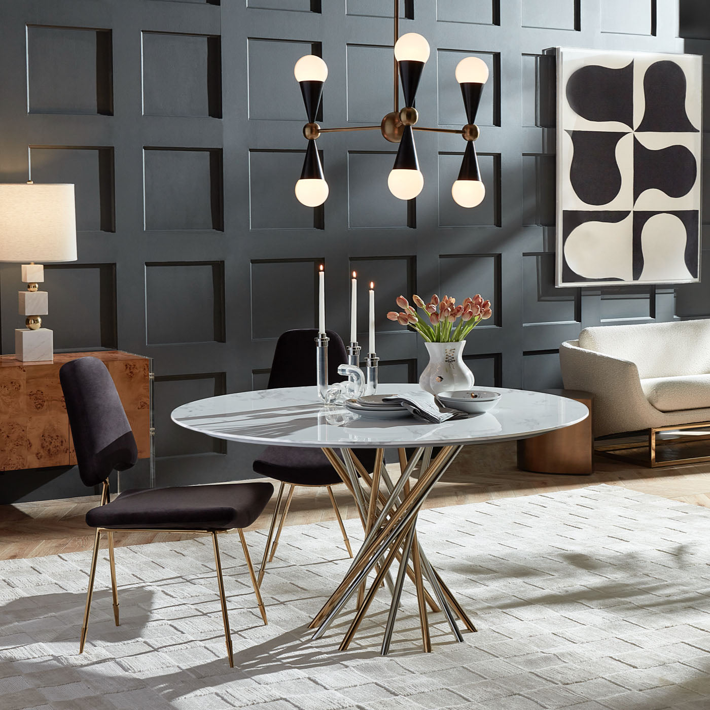 electrum dining table maxime dining chairs caracas chandelier - styled view