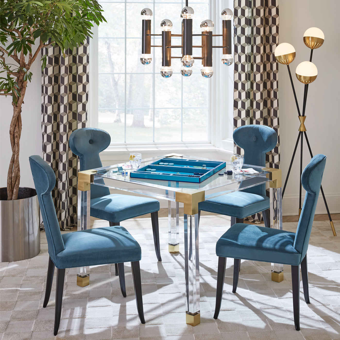 jacques game table vera dining chairs backgammon set - styled view
