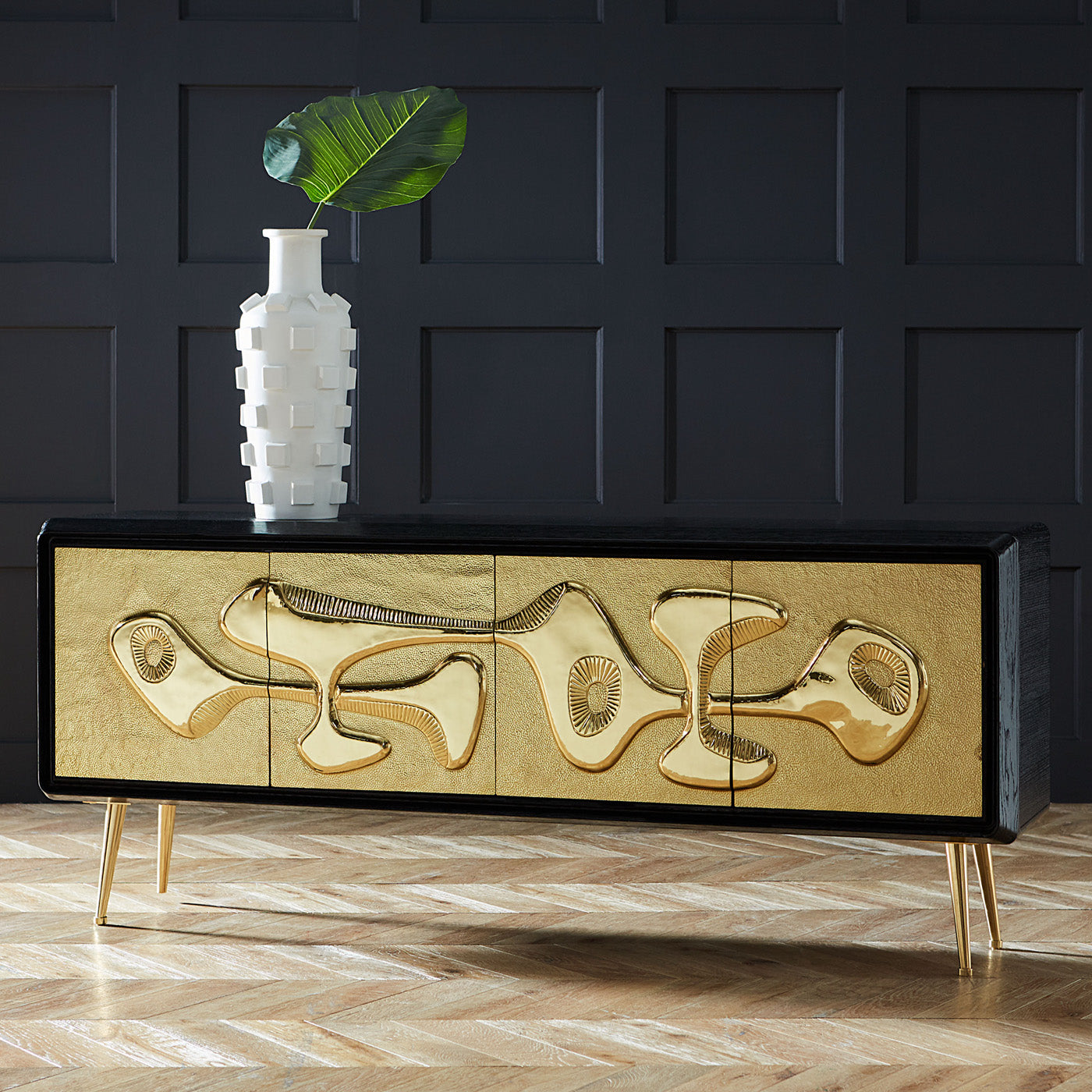 reform credenza brass ebonized cerused oak wood - open view 1