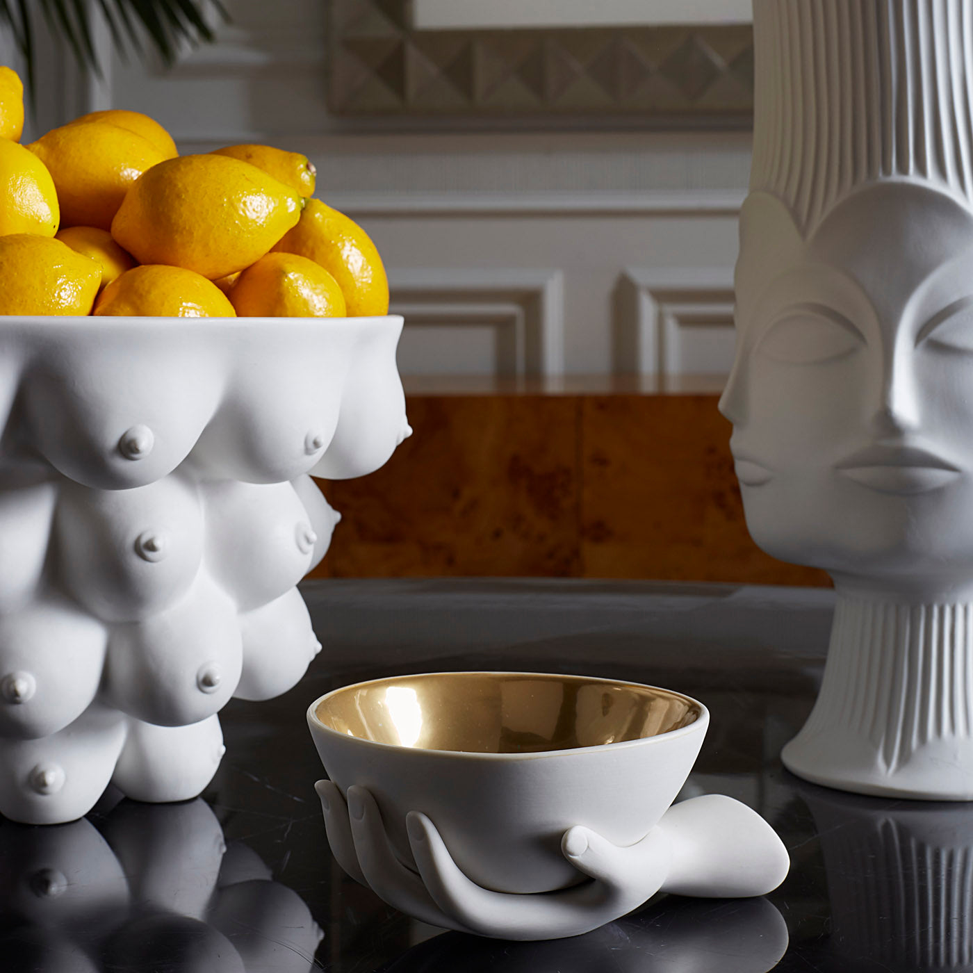 eve accent bowl porcelain white interior gold - side view 1