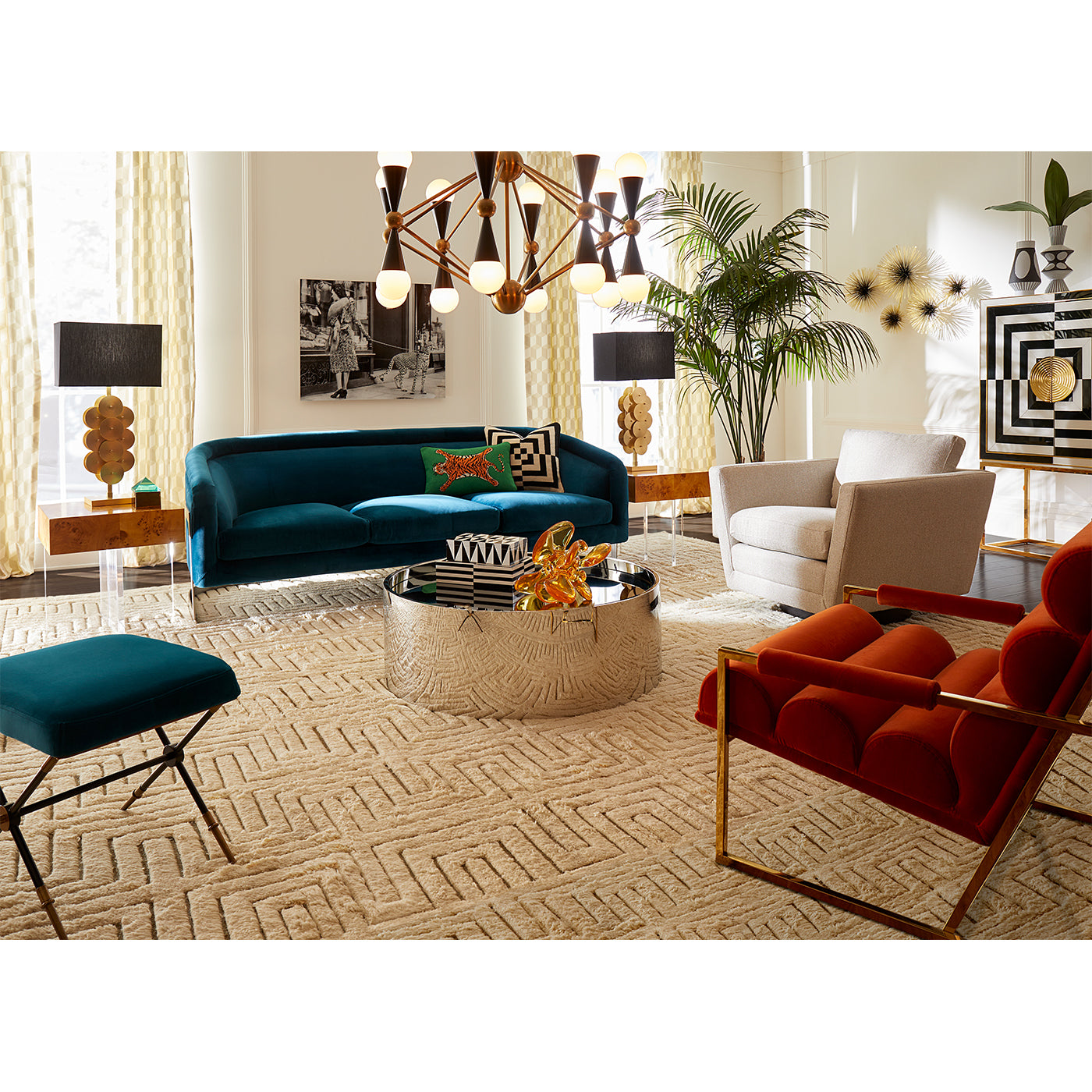 tiger needlepoint pillow bacharach sofa alphaville cocktail table - styled view