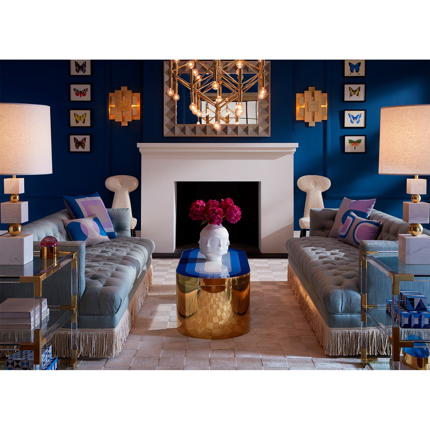 large dora maar vase harlequin capsule cocktail table baxter t-arm sofas with bullion fring living room - styled view