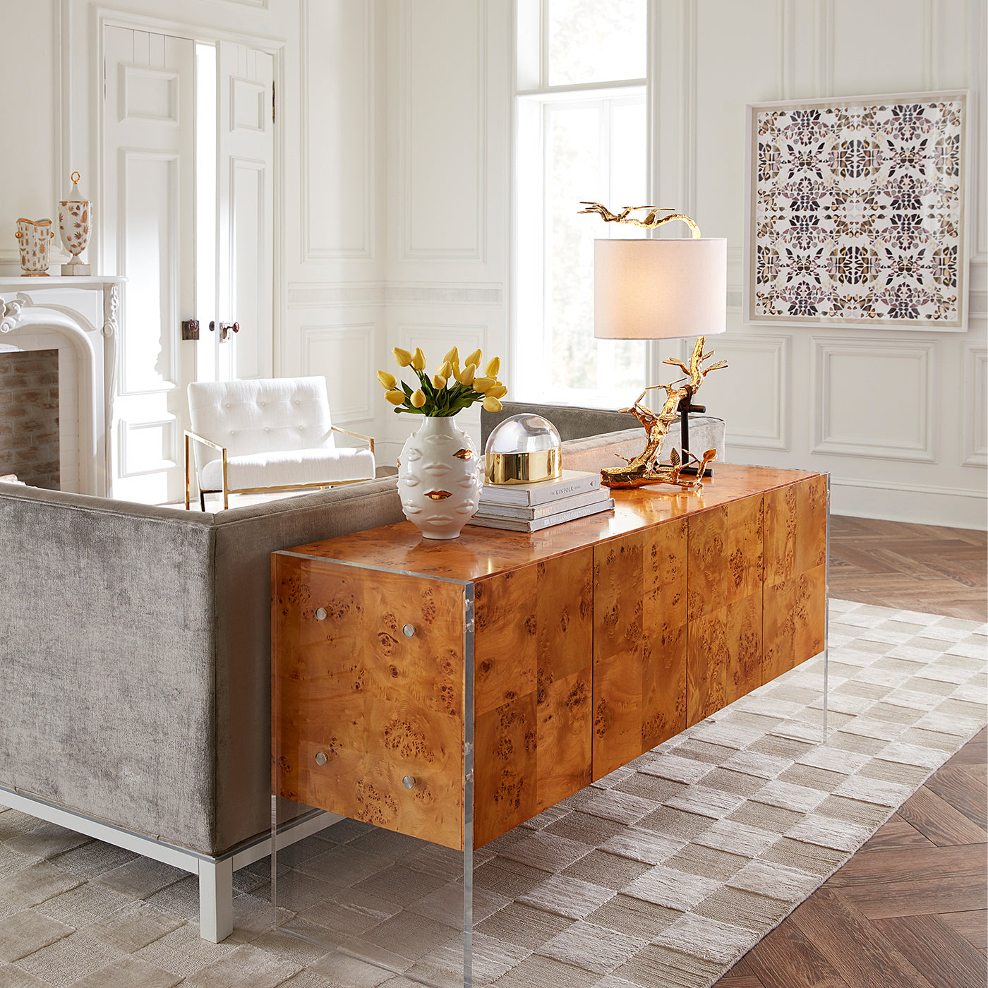 bond credenza gilded gala vase globo box living room - styled view