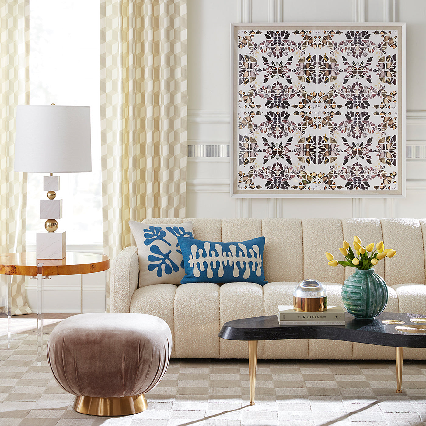 butterfly patterns 2 print brigitte sofa trocadero kidney cocktail table - styled view
