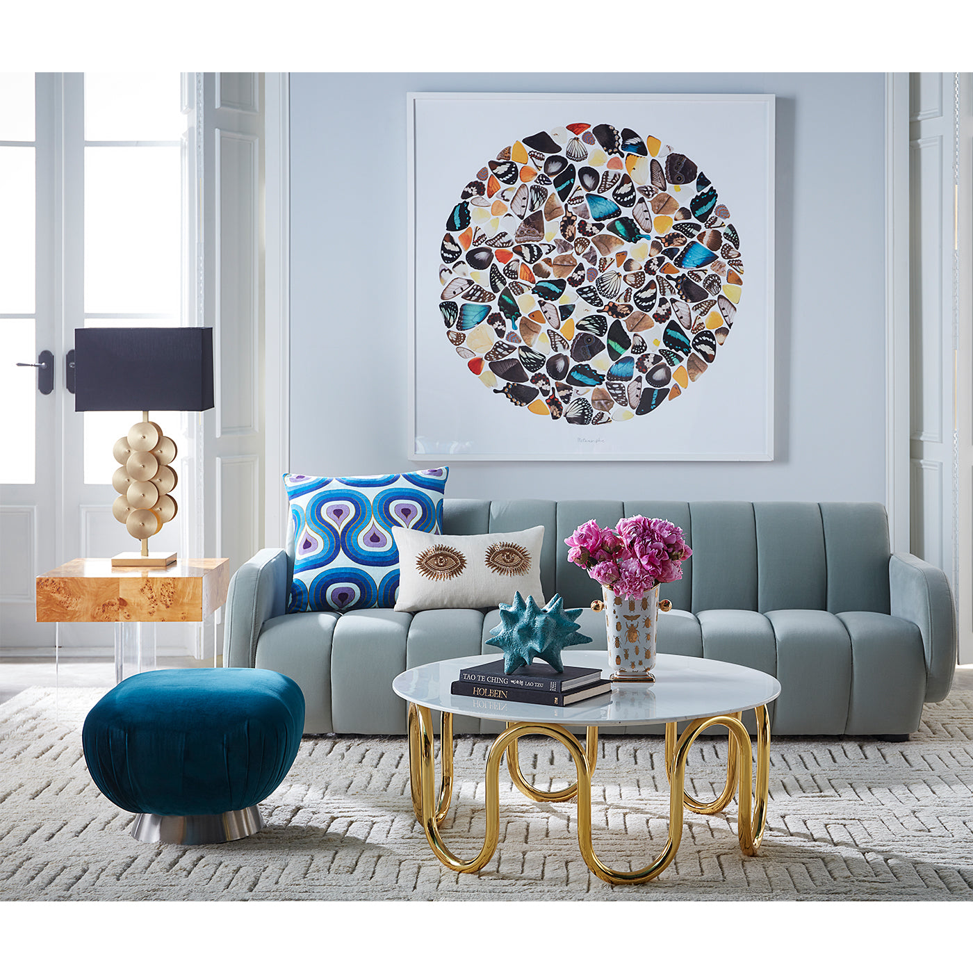 scalinatella cocktail table brigitte sofa bacharach tuffet living room - styled view