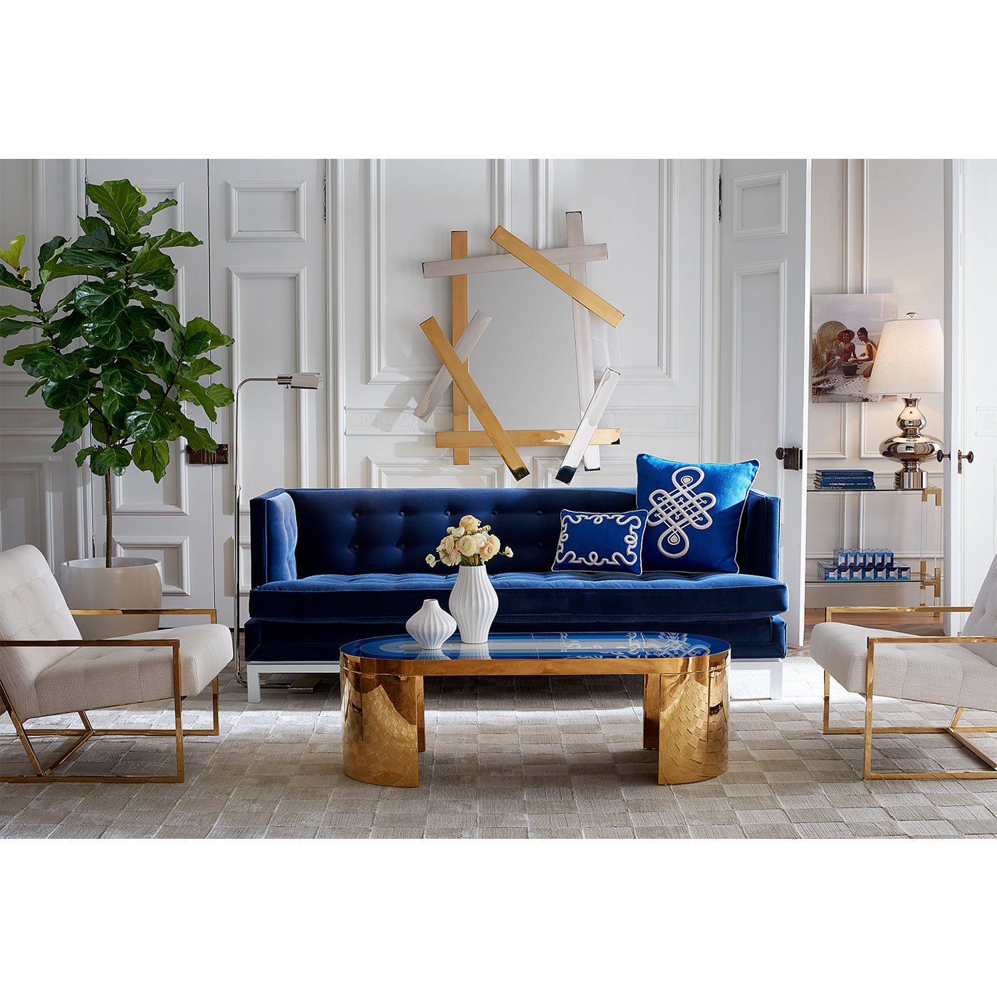 lampert t-arm sofa venice mariner harlequin capsule cocktail table electrum mirror goldfinger lounge chairs - styled view