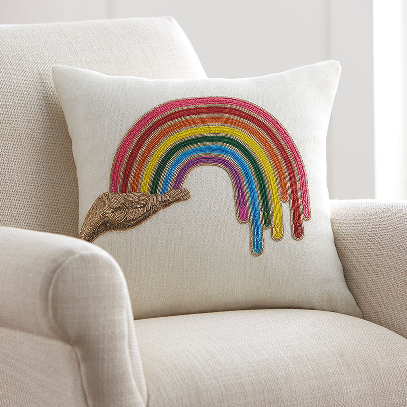 rainbow hand beaded pillow - styled view
