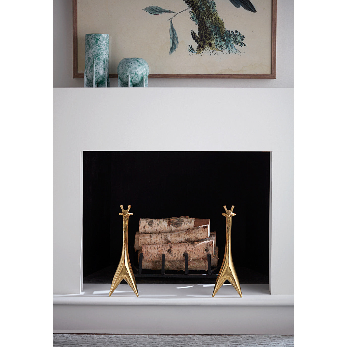 brass giraffe andirons fireplace wood - styled view