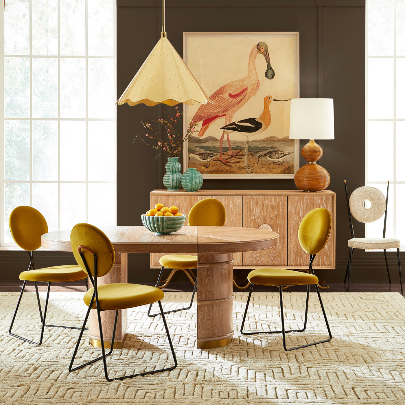brussels dining table caprice dining chairs large brass ripple pendant - styled view