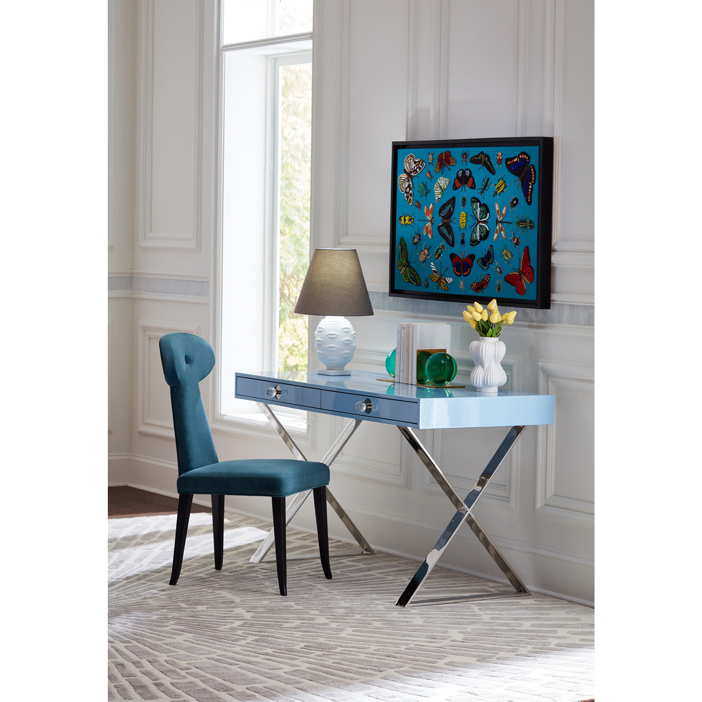 sunburst hand knotted rug channing desk vera dining chair - styled view