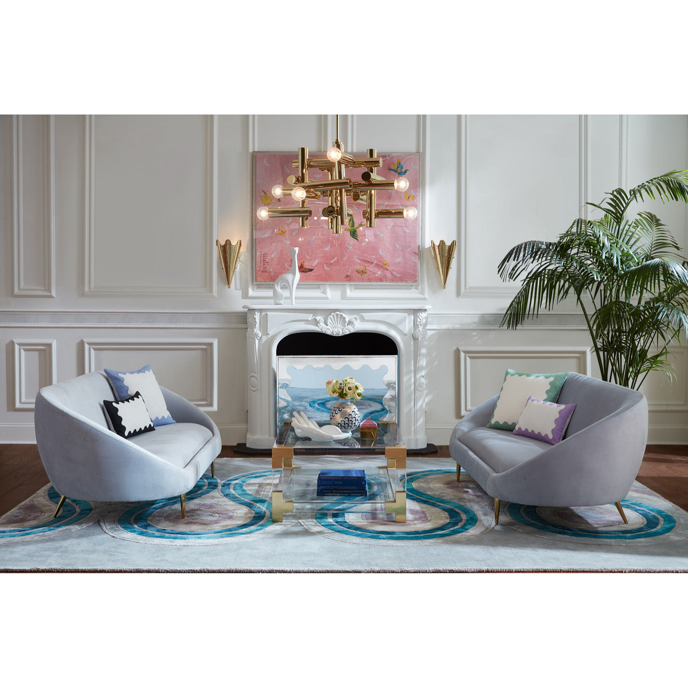 milano hand tufted rug ether sofas jacques grand cocktail table - styled view