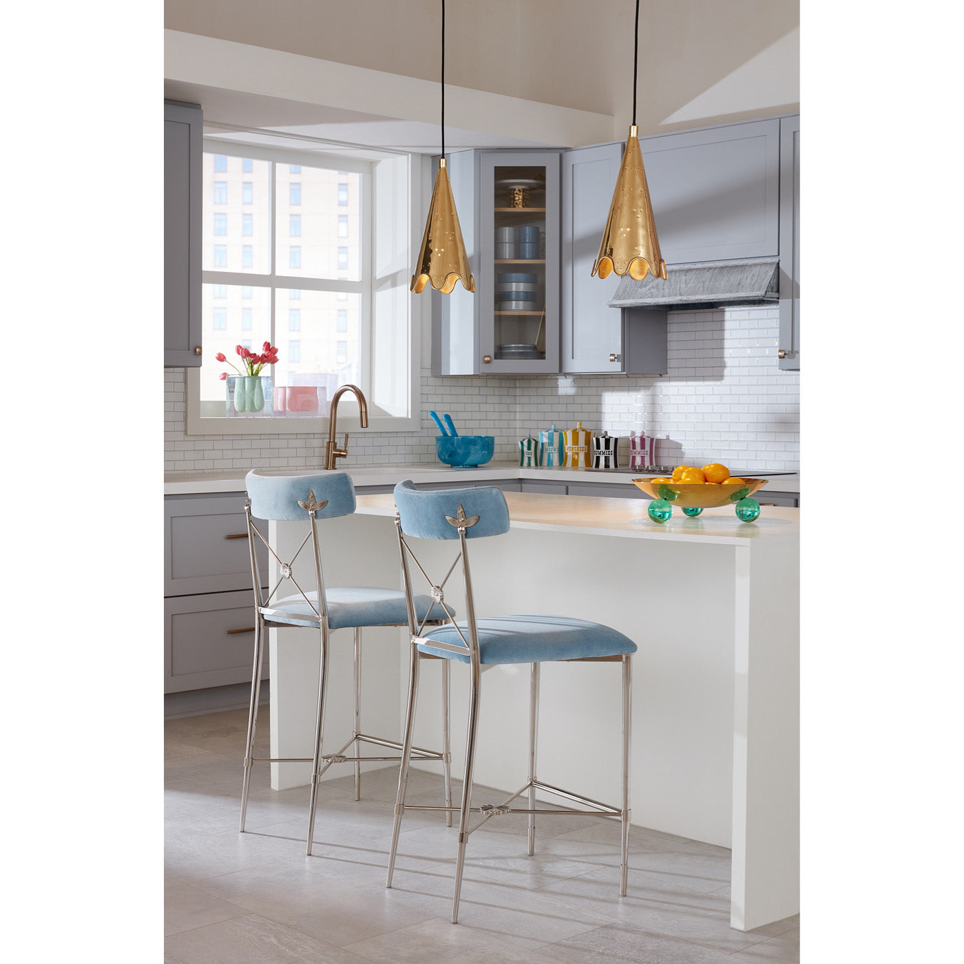 rider counter stools rialto sky brass ripple pendants kitchen - styled view