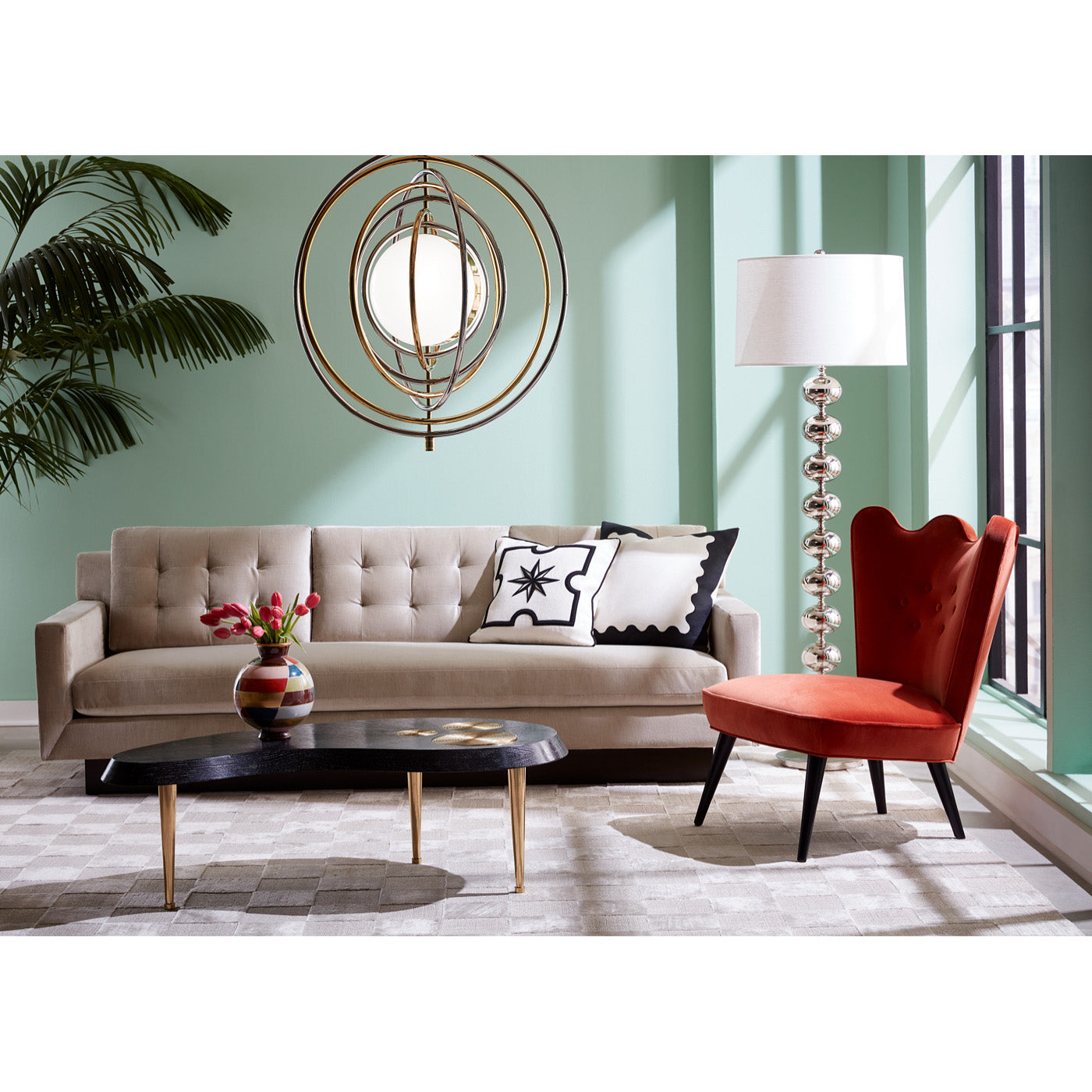 ripple slipper chair venice rust wright sofa trocadero cocktail table - styled view