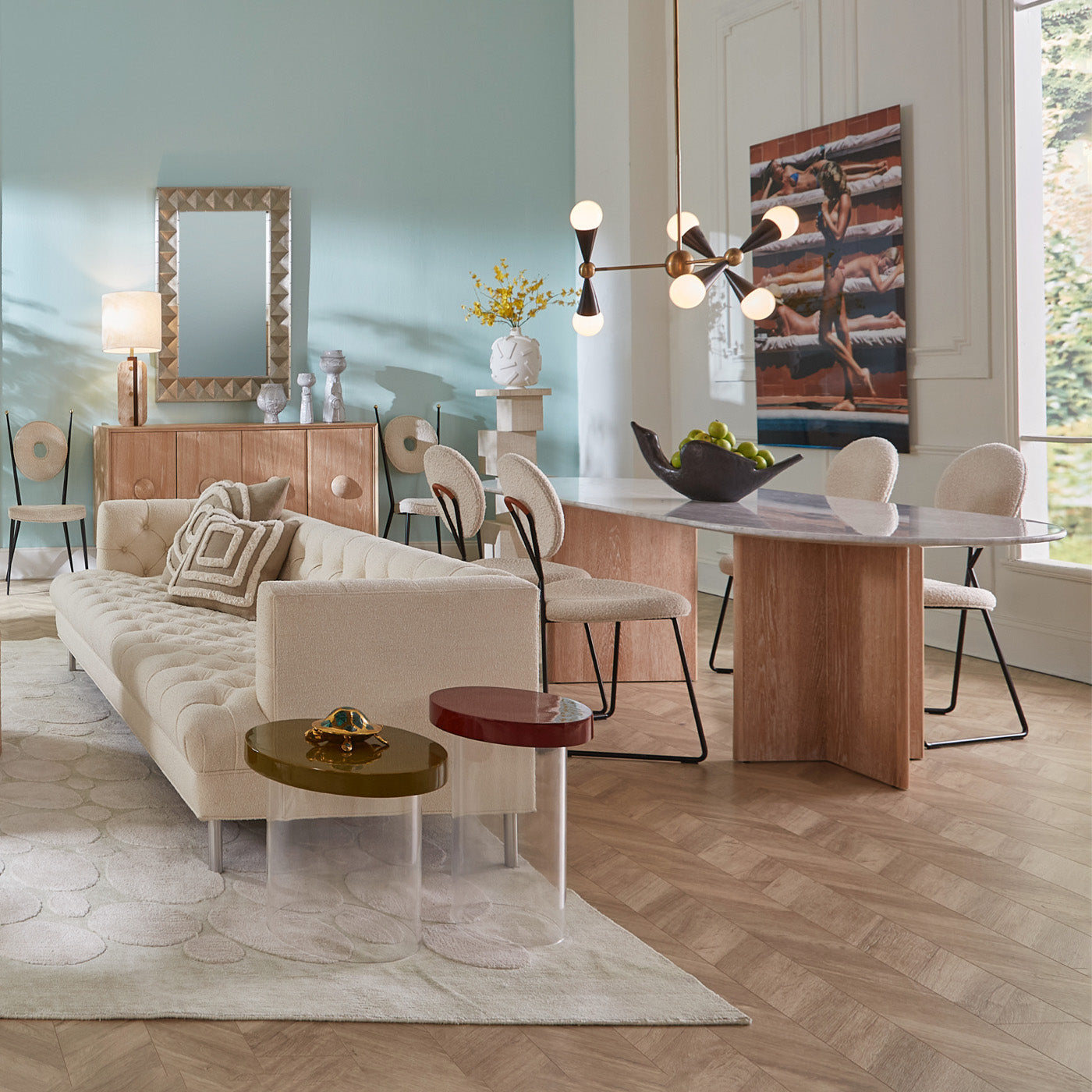 brass turtle acrylic dot tables baxter t arm sofa - styled view