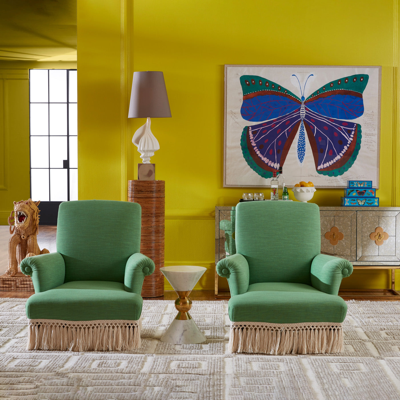 bonaparte chairs canaan accent table paule marrot butterfly blue print - styled view