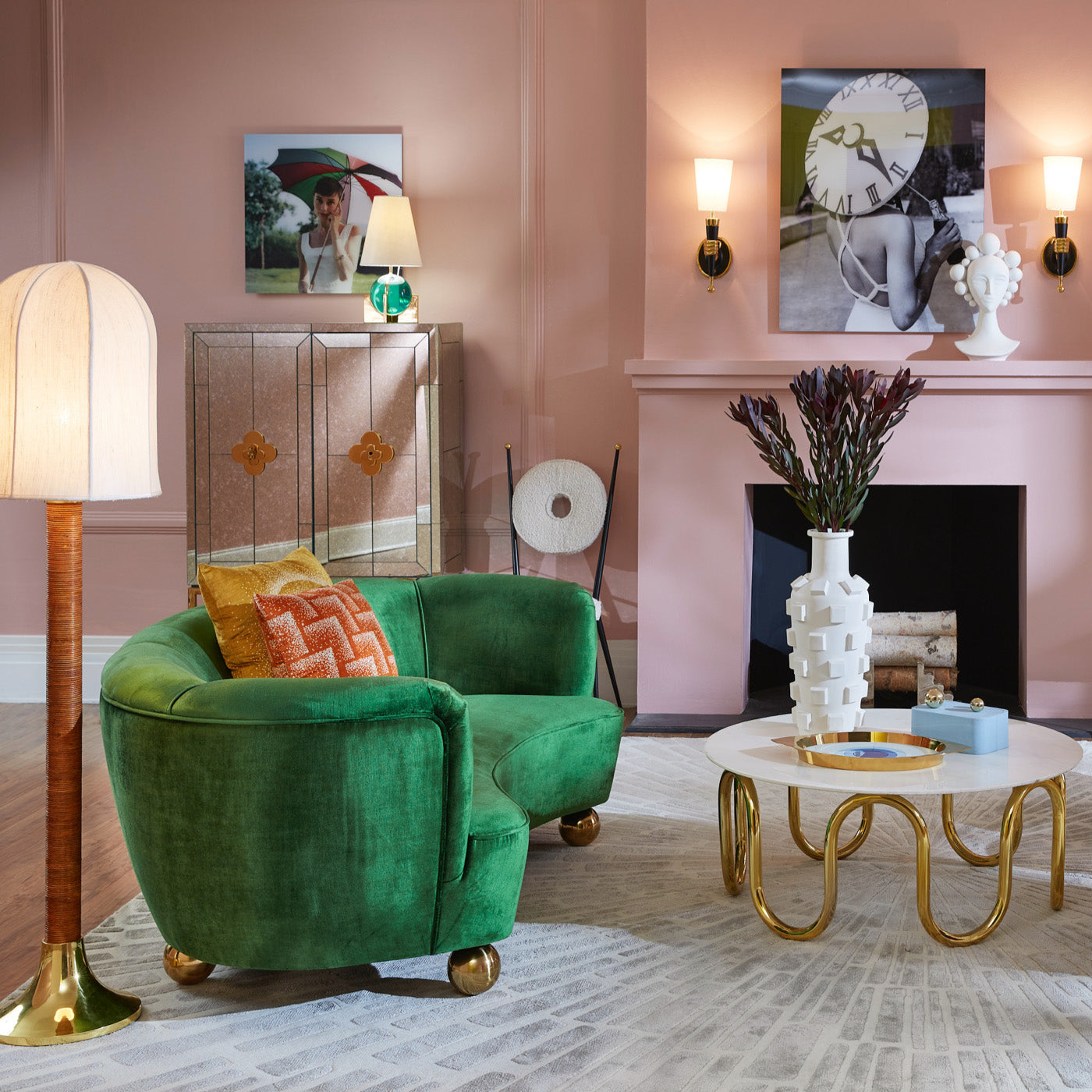 riviera dome floor lamp parker curved sofa scalinatella cocktail table living room - styled view