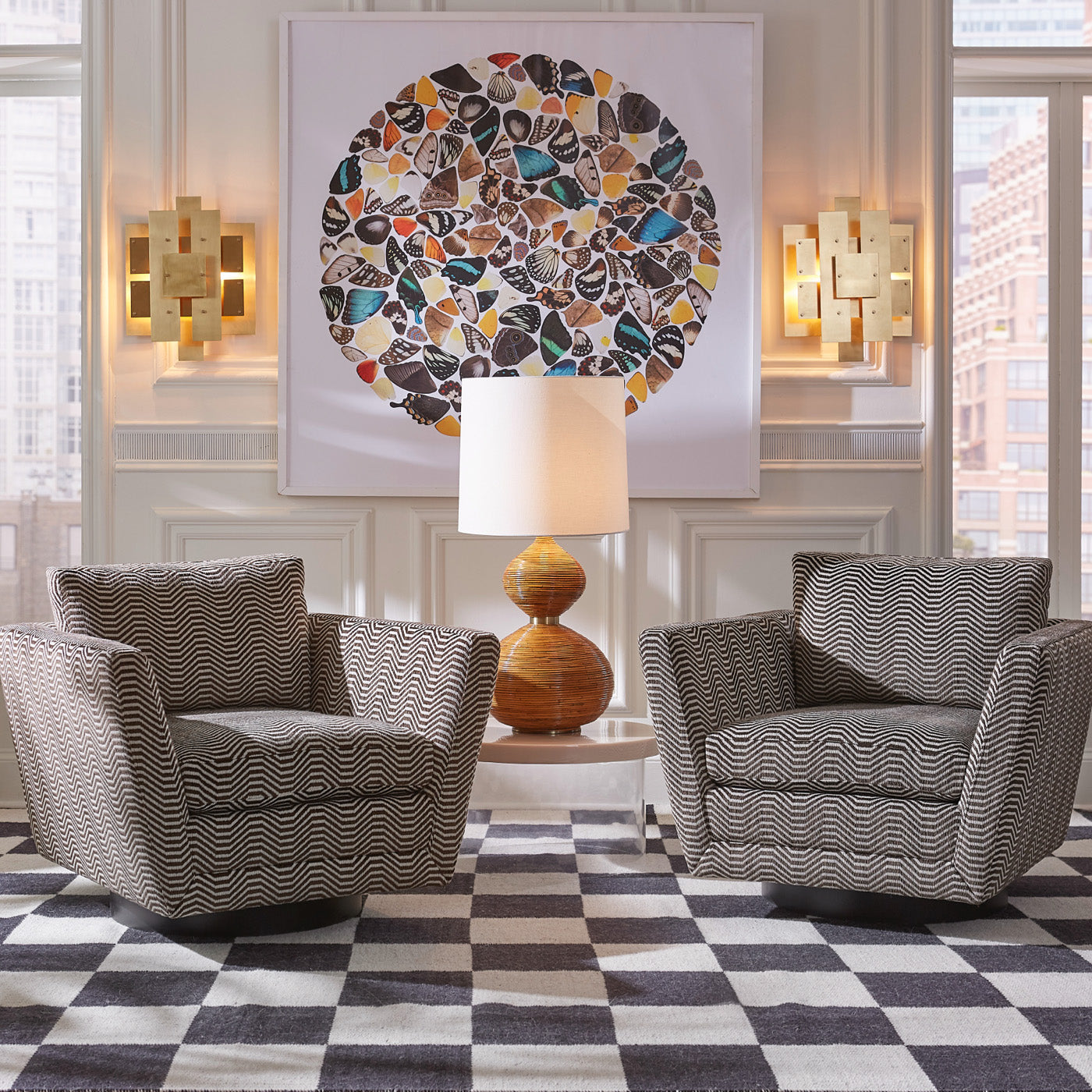 sebastian swivel chair brighton linen hans barbell table - styled view