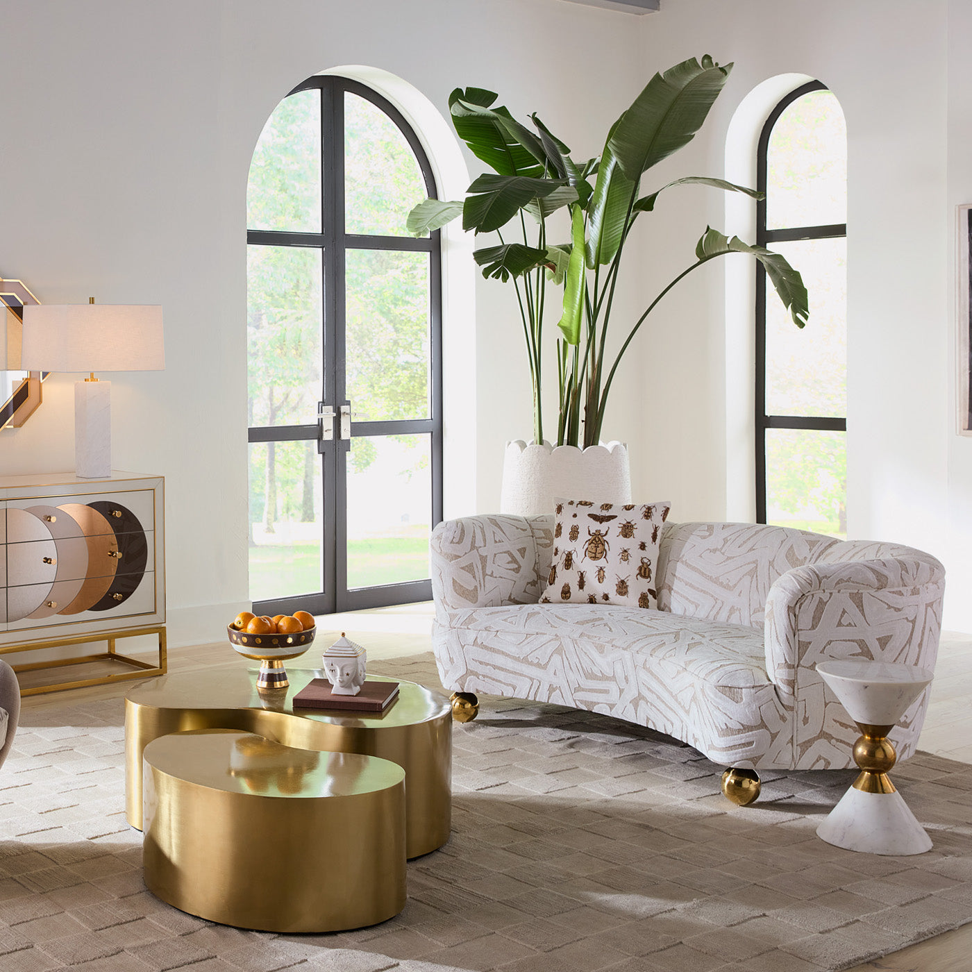 Living Room with Parker Curved Sofa and Chambeige Mirror