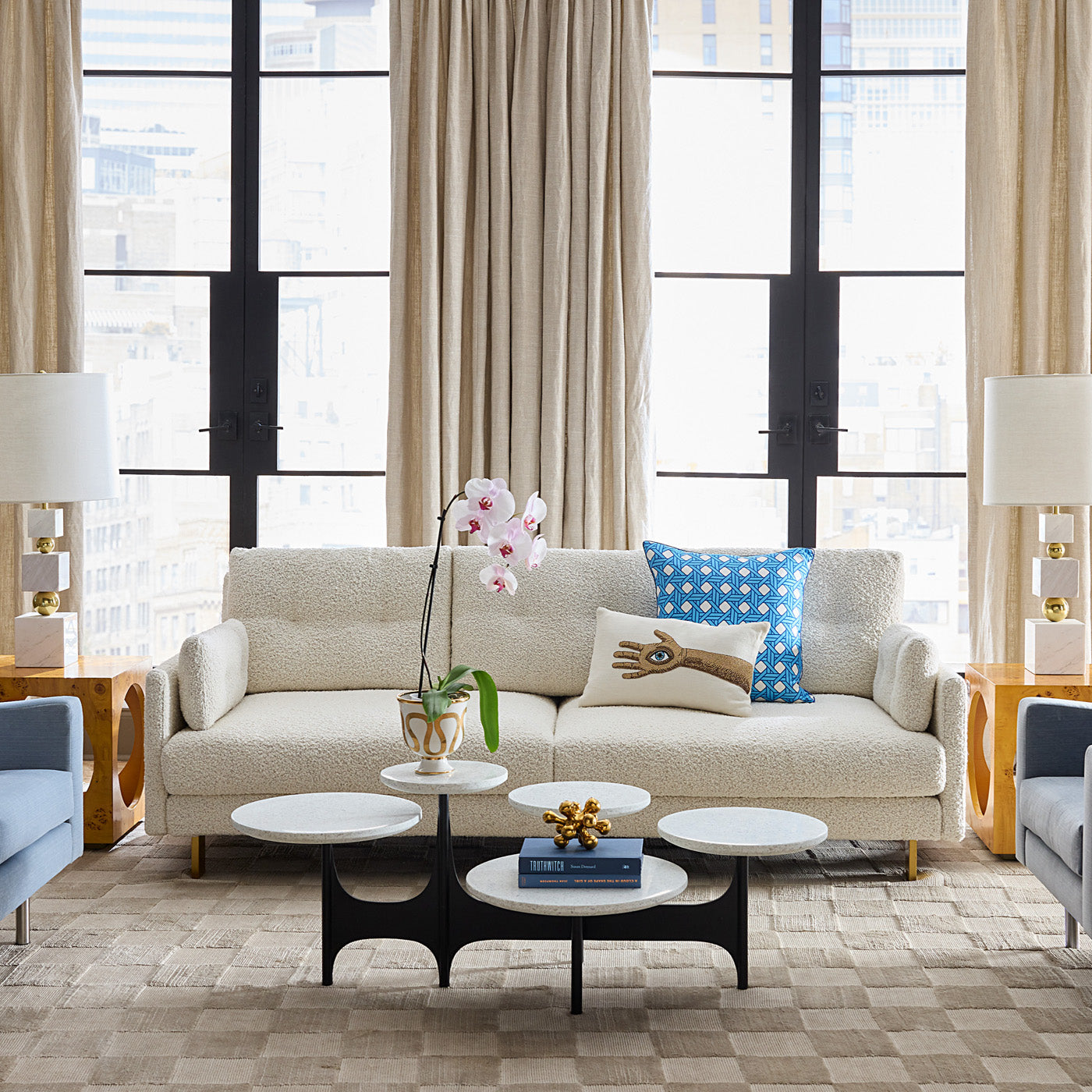 FA24 living room milano cocktail table front view malibu sofa marnie lounge