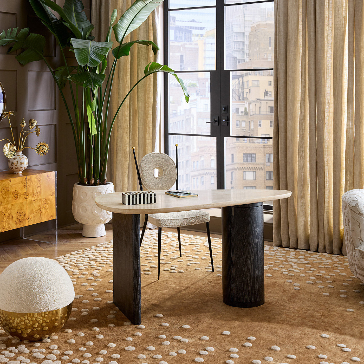 Oeuf Travertine Desk from angle view