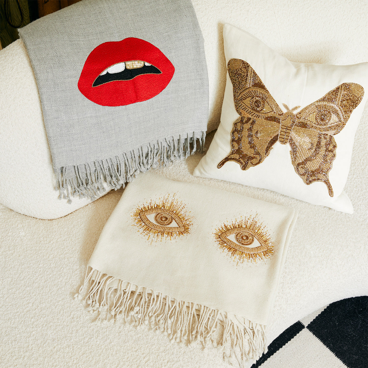 muse butterfly throw pillow with beaded throws - styled view