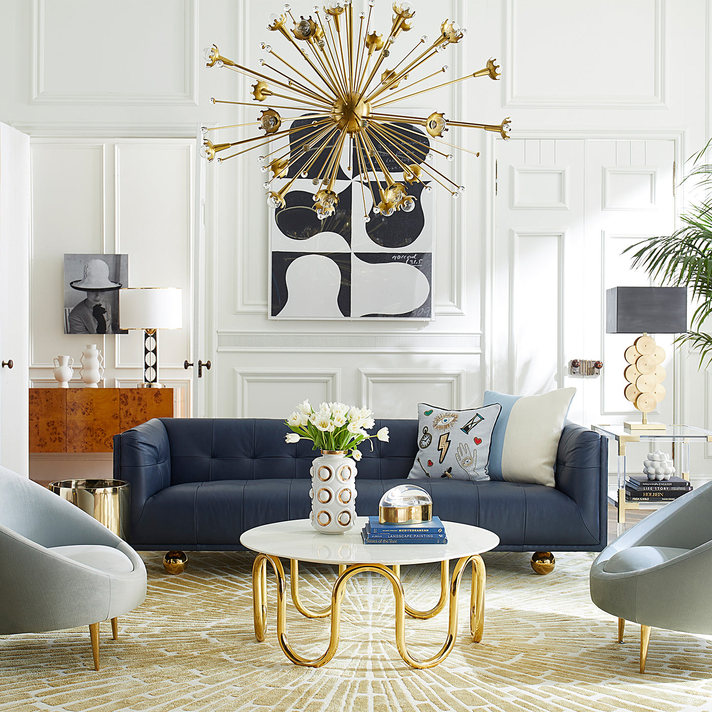 giant sputnik chandelier brass claridge sofa scalinatella cocktail table - styled view