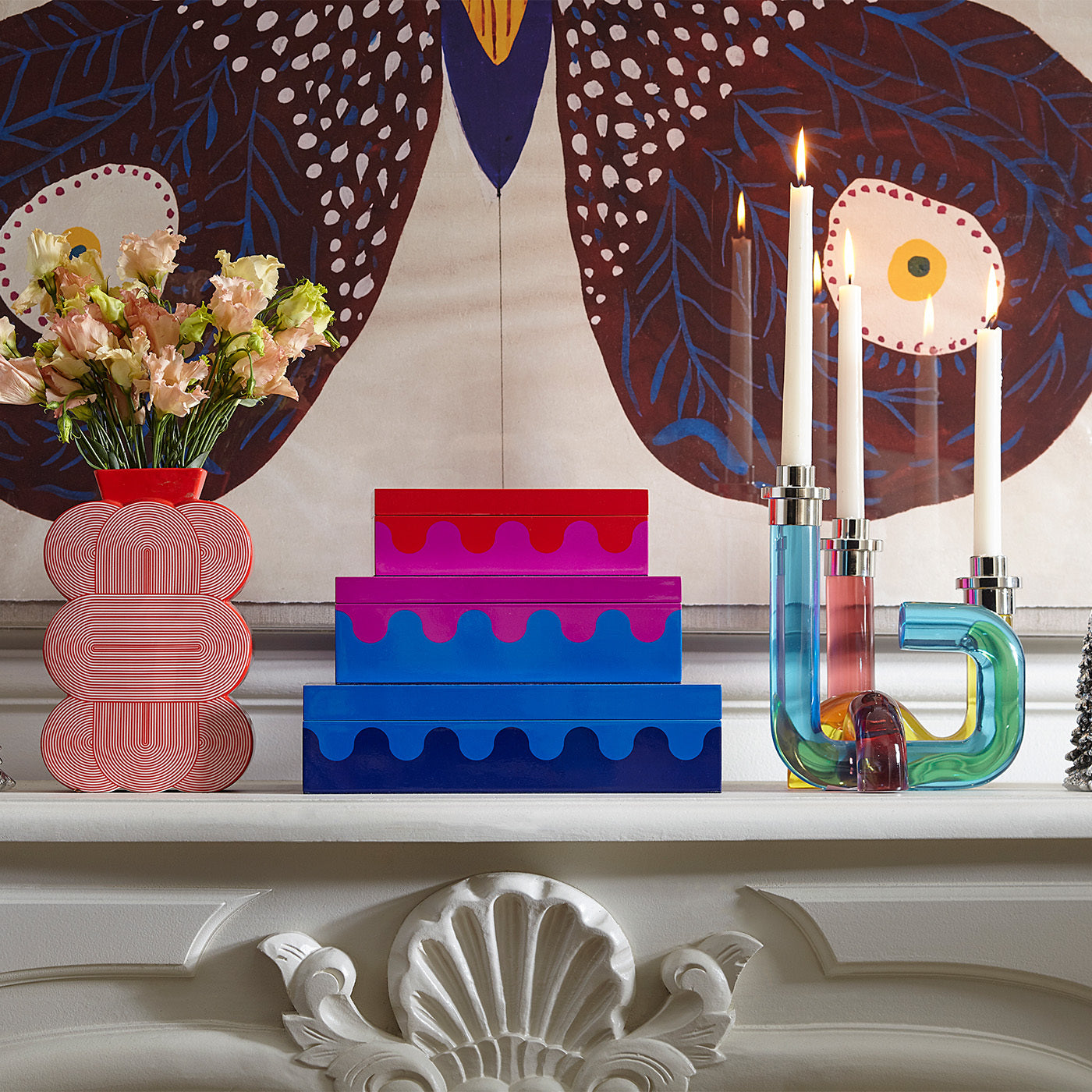pompidou acrylic candle holder ripple box stacked holiday mantle - styled view 2