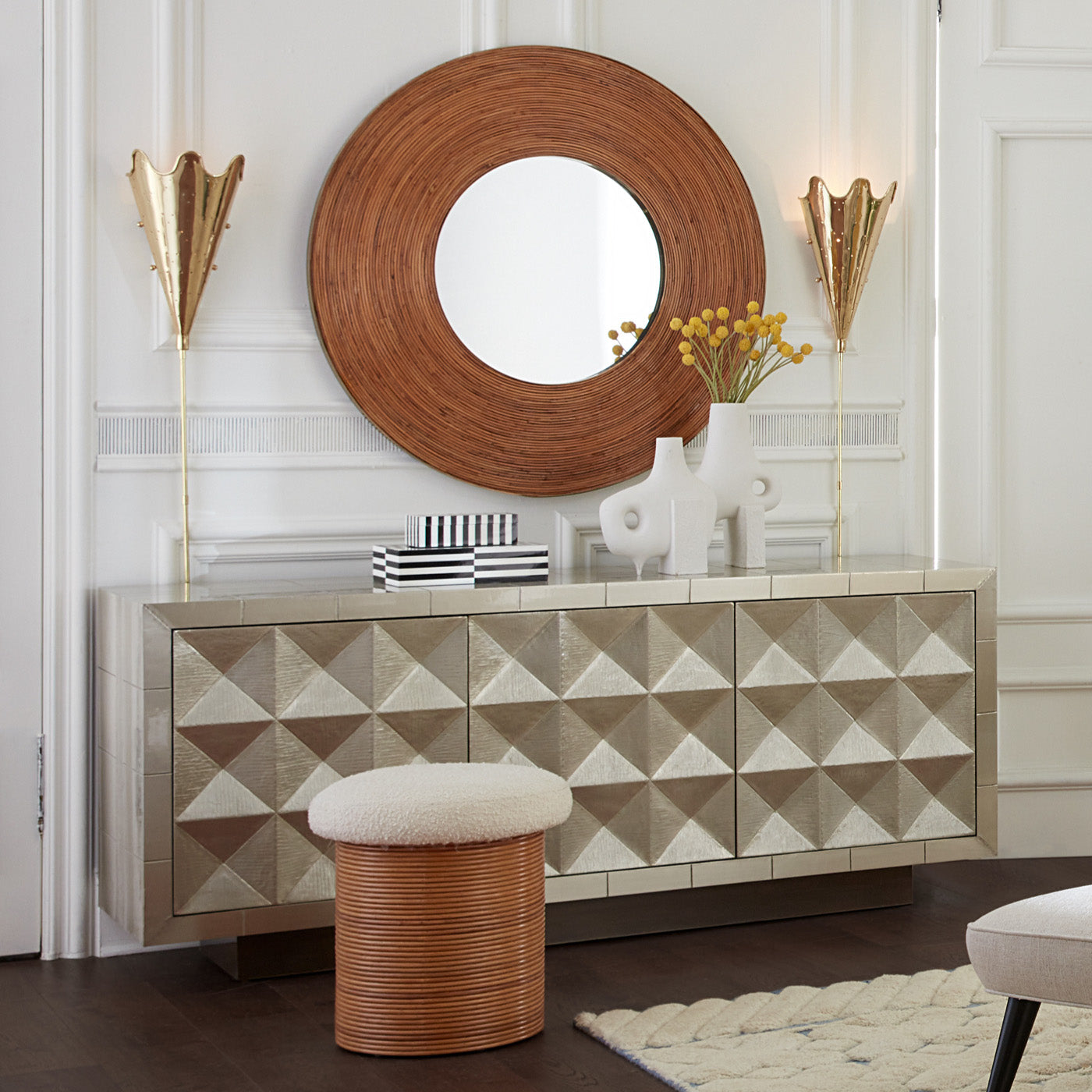 talitha credenza riviera mirror riviera tuffet - styled view