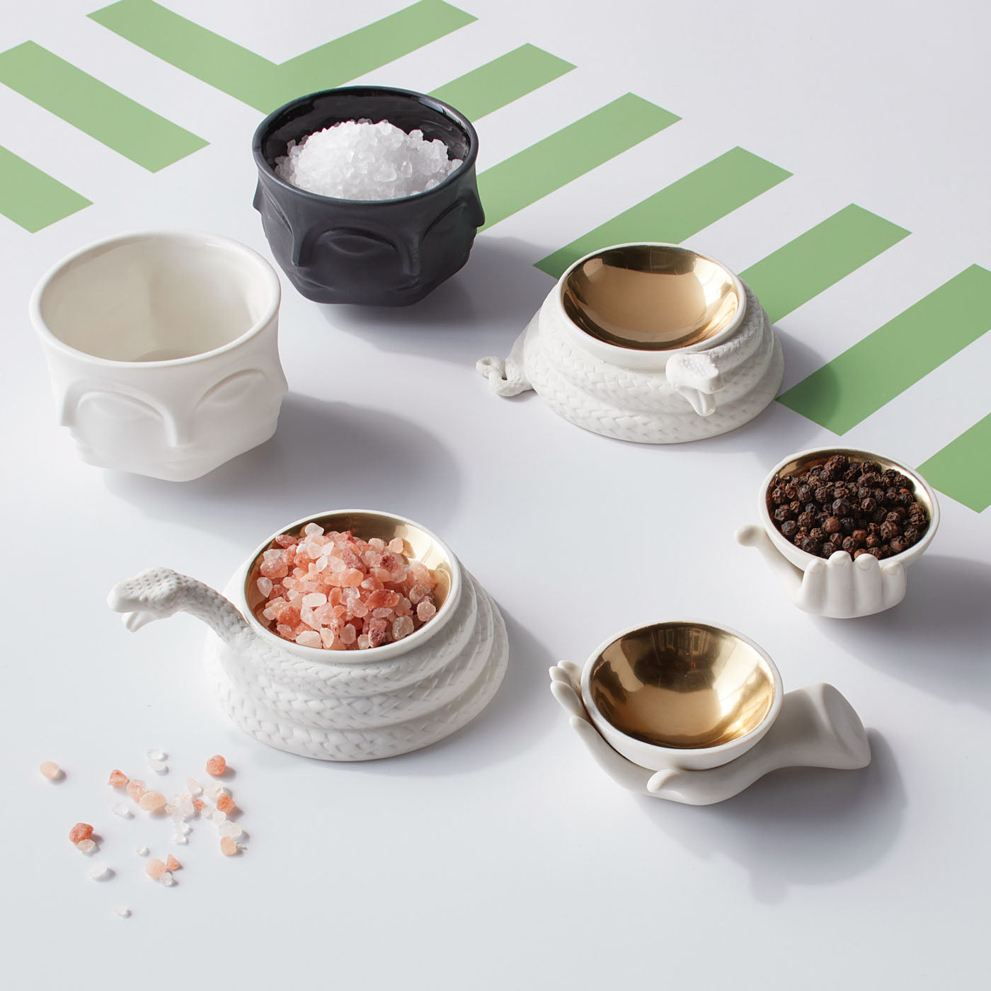 eve salt and pepper cellars porcelain white interior gold - group view