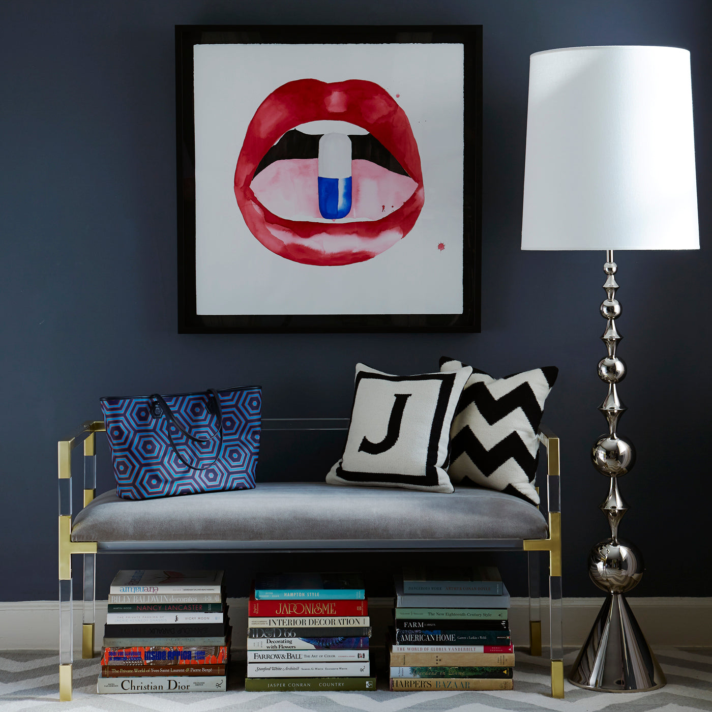 jacques bench harlequin floor lamp letter pillow - styled view