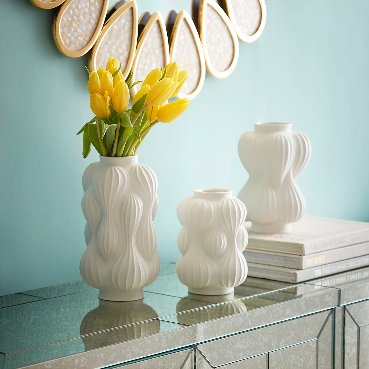balloon vase collection with flowers vignette - styled view