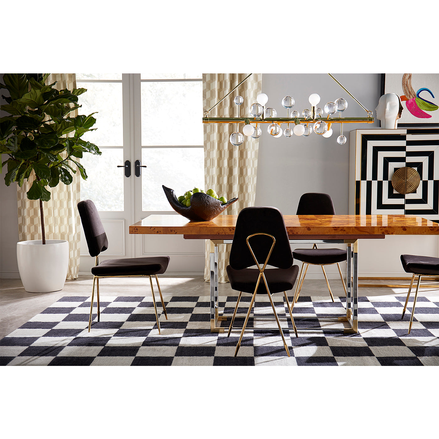 bond dining table maxime dining chairs globo six-light linear chandelier living room - styled view