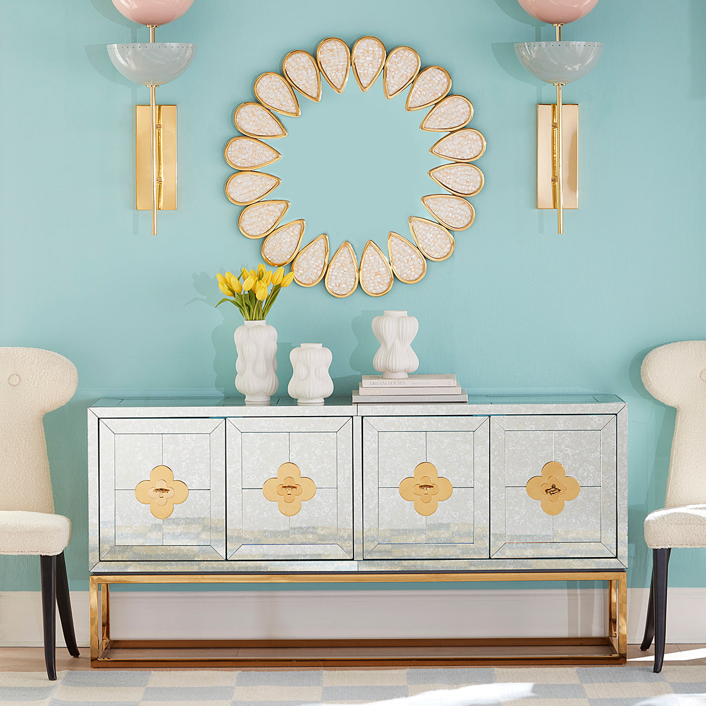 delphine credenza antiqued mirror brass frame - opened front view