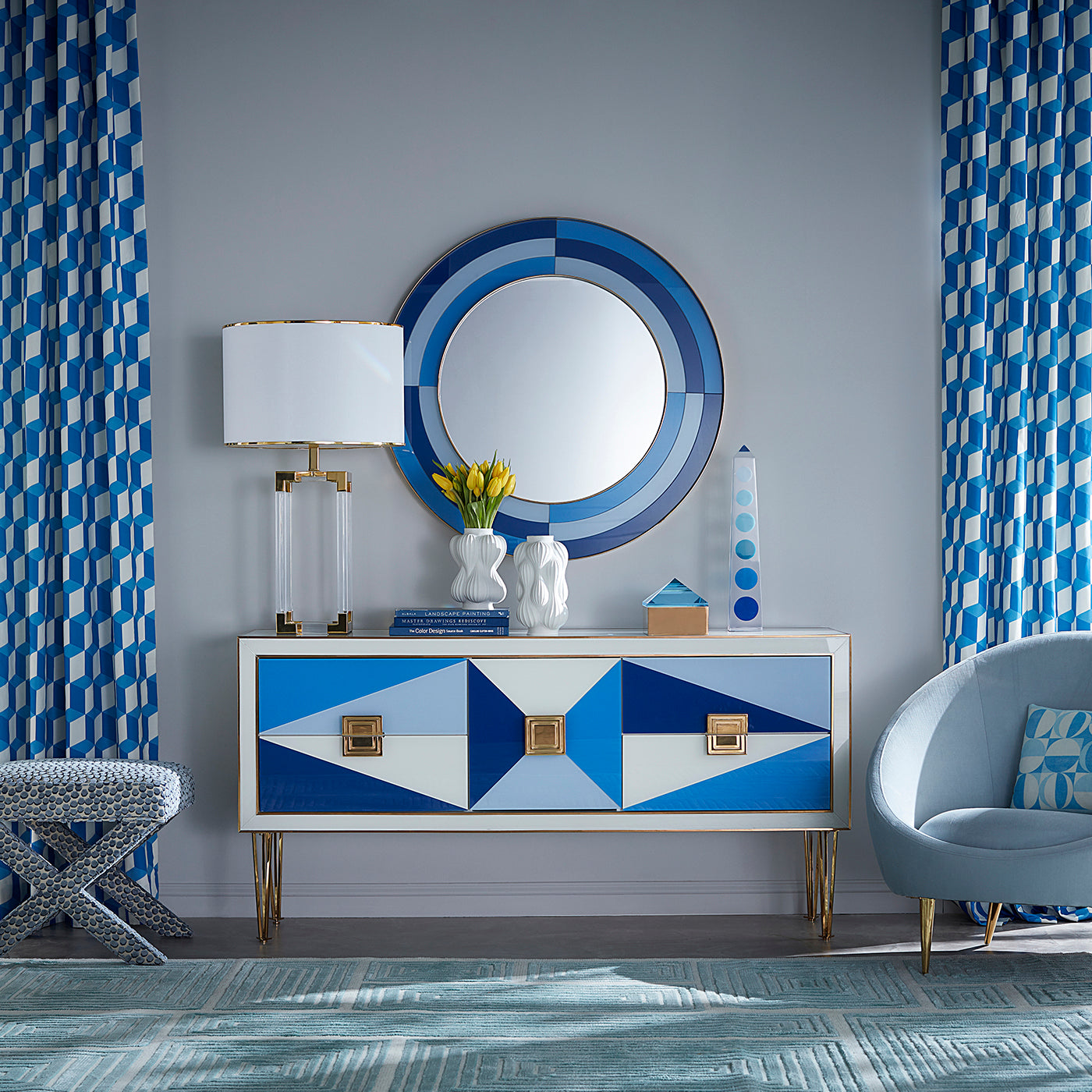 harlequin round mirror harlequin credenza multi blue - styled view