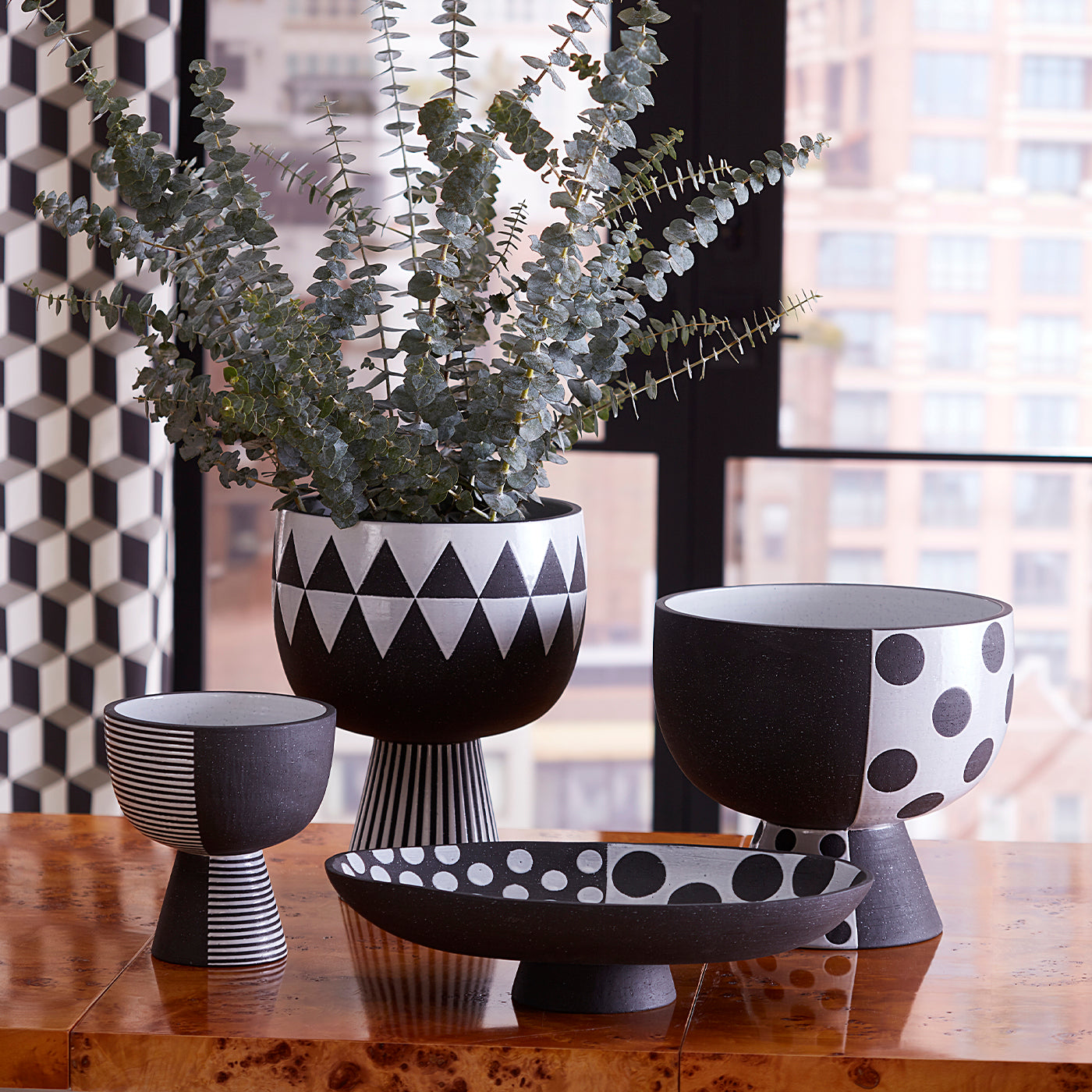 palm springs bowl collection with eucalyptus - styled view
