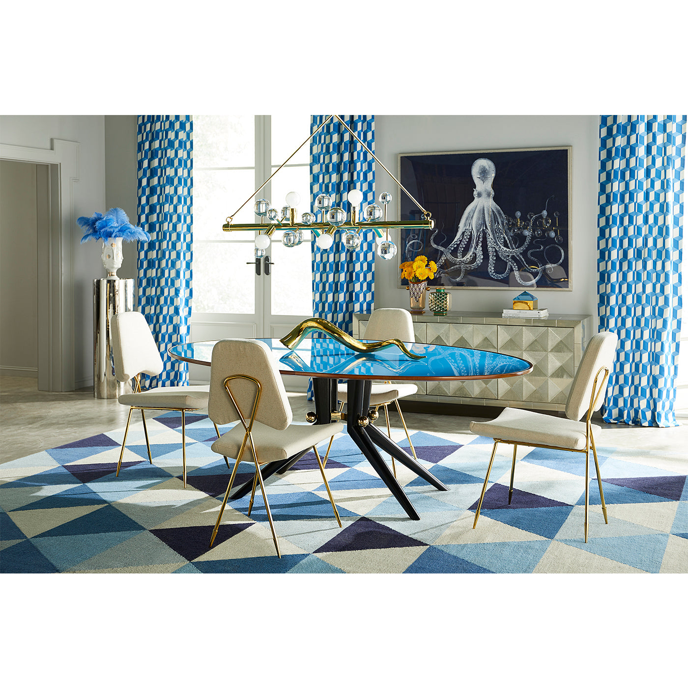 trocadero dining table turquoise glass maxime dining chairs dining room - styled view