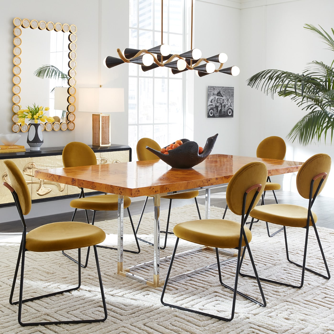 brussels extension dining table caprice dining chairs brass ripple pendants - styled view