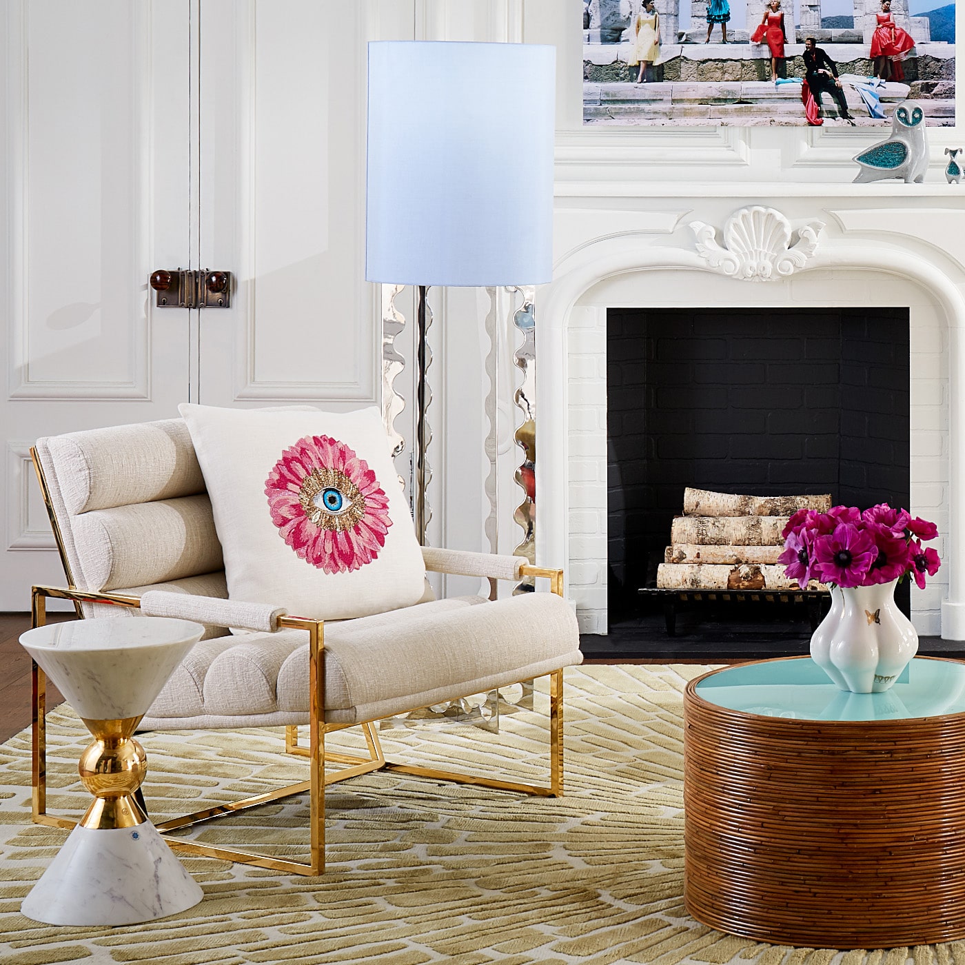 petal beaded pillow channeled goldfinger lounge chair canaan accent table - styled view