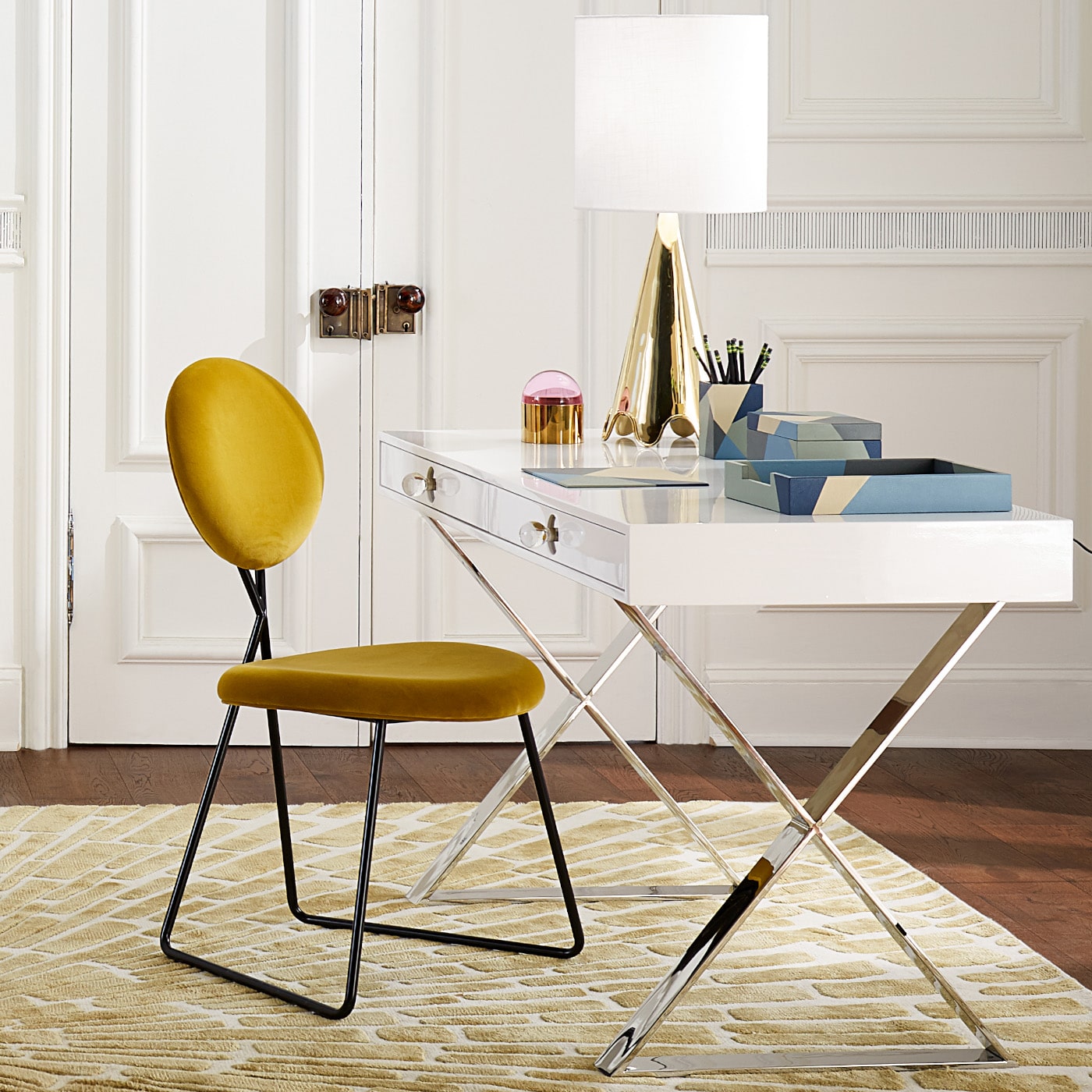 channing desk caprice dining chair brass ripple table lamp home office - styled view