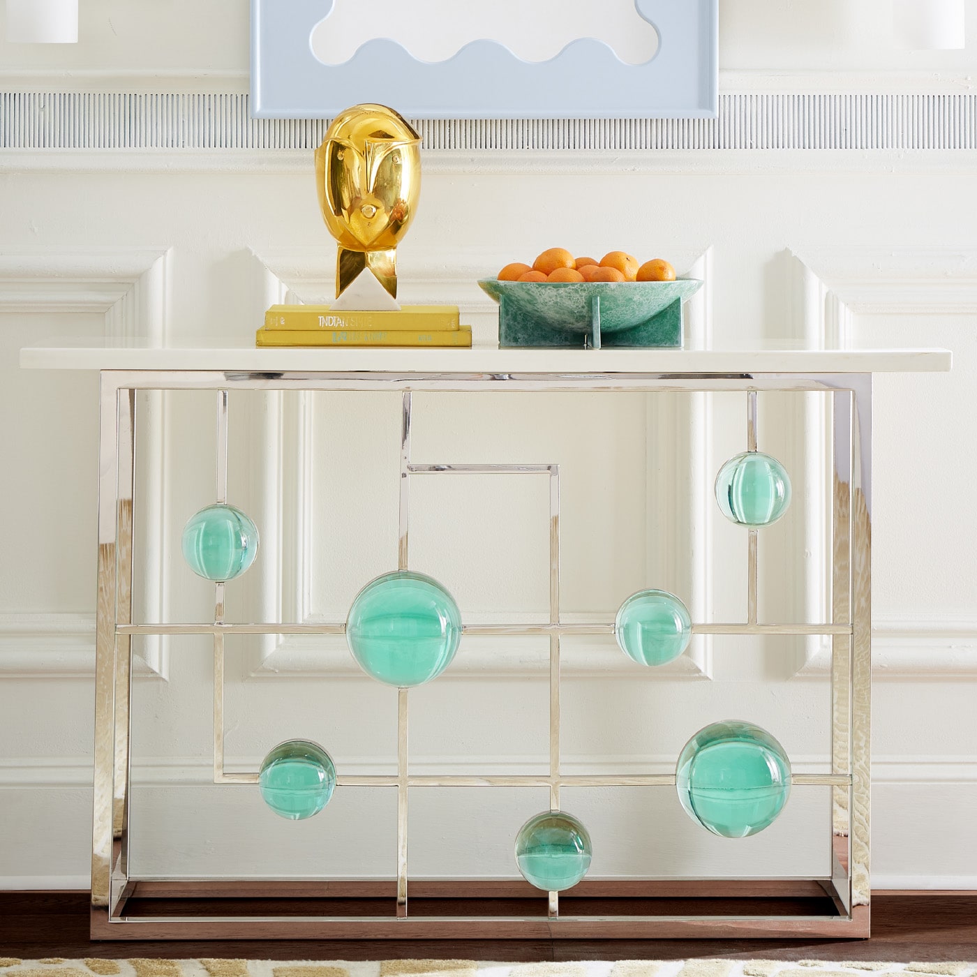 globo fretwork console ripple lacquer mirror ripple sconces - styled view