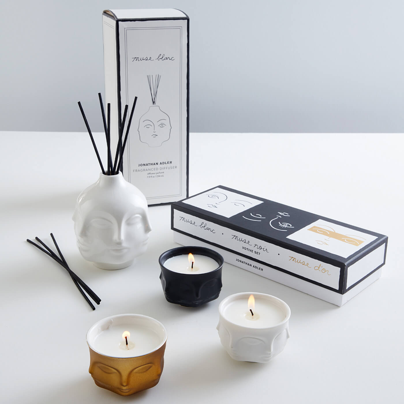 muse votive candle set and diffuser - styled view